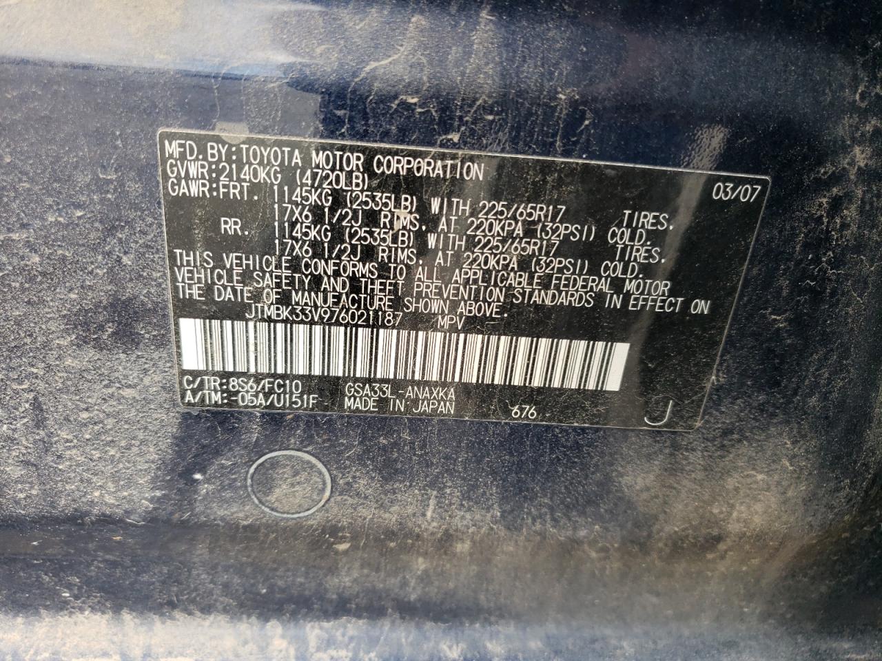 2007 Toyota Rav4 VIN: JTMBK33V976021187 Lot: 63626824