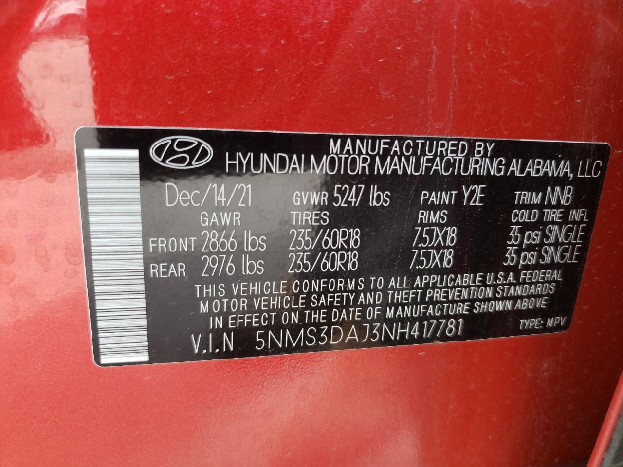 2022 Hyundai Santa Fe Sel VIN: 5NMS3DAJ3NH417781 Lot: 61674794