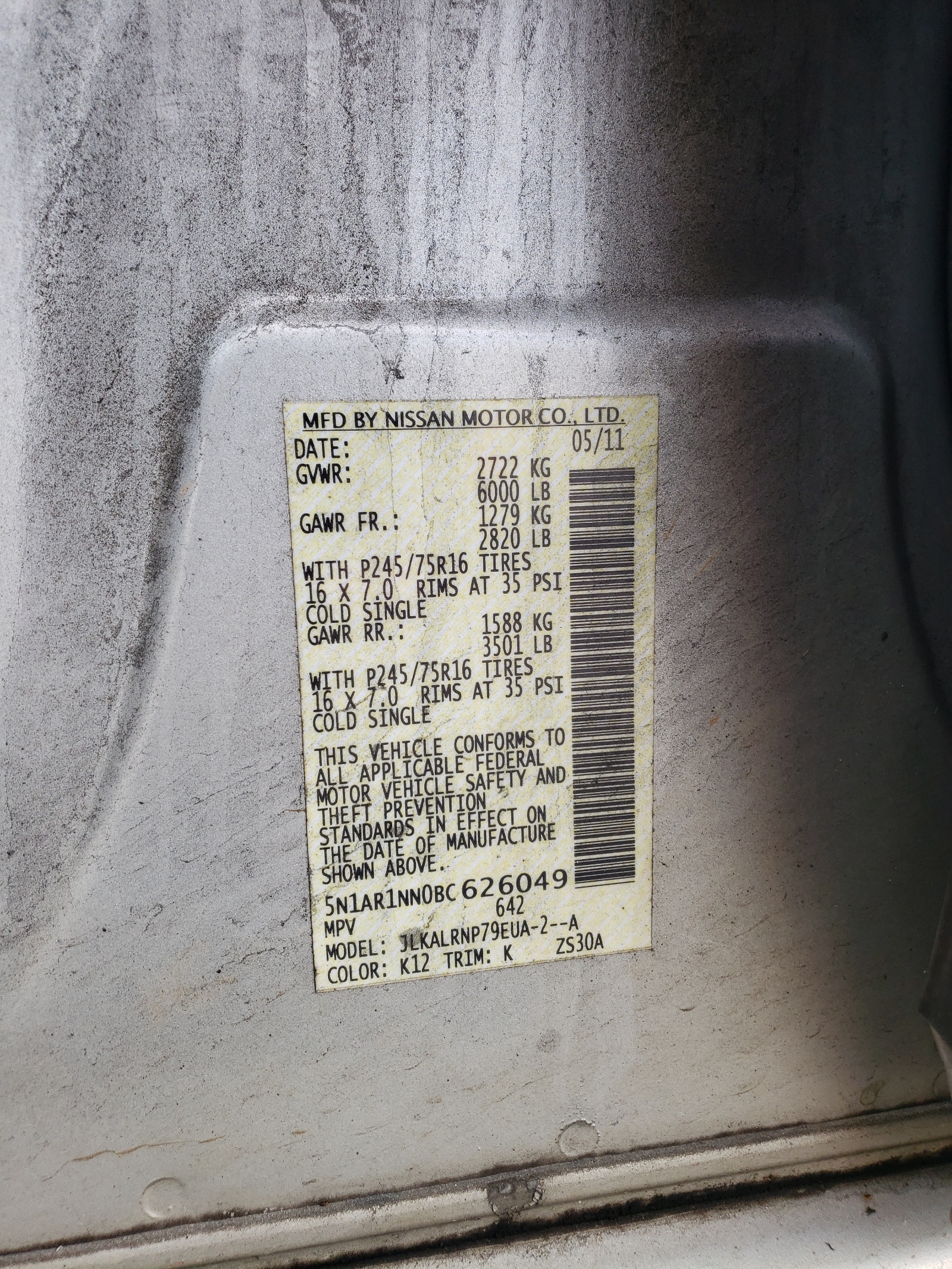 5N1AR1NN0BC626049 2011 Nissan Pathfinder S