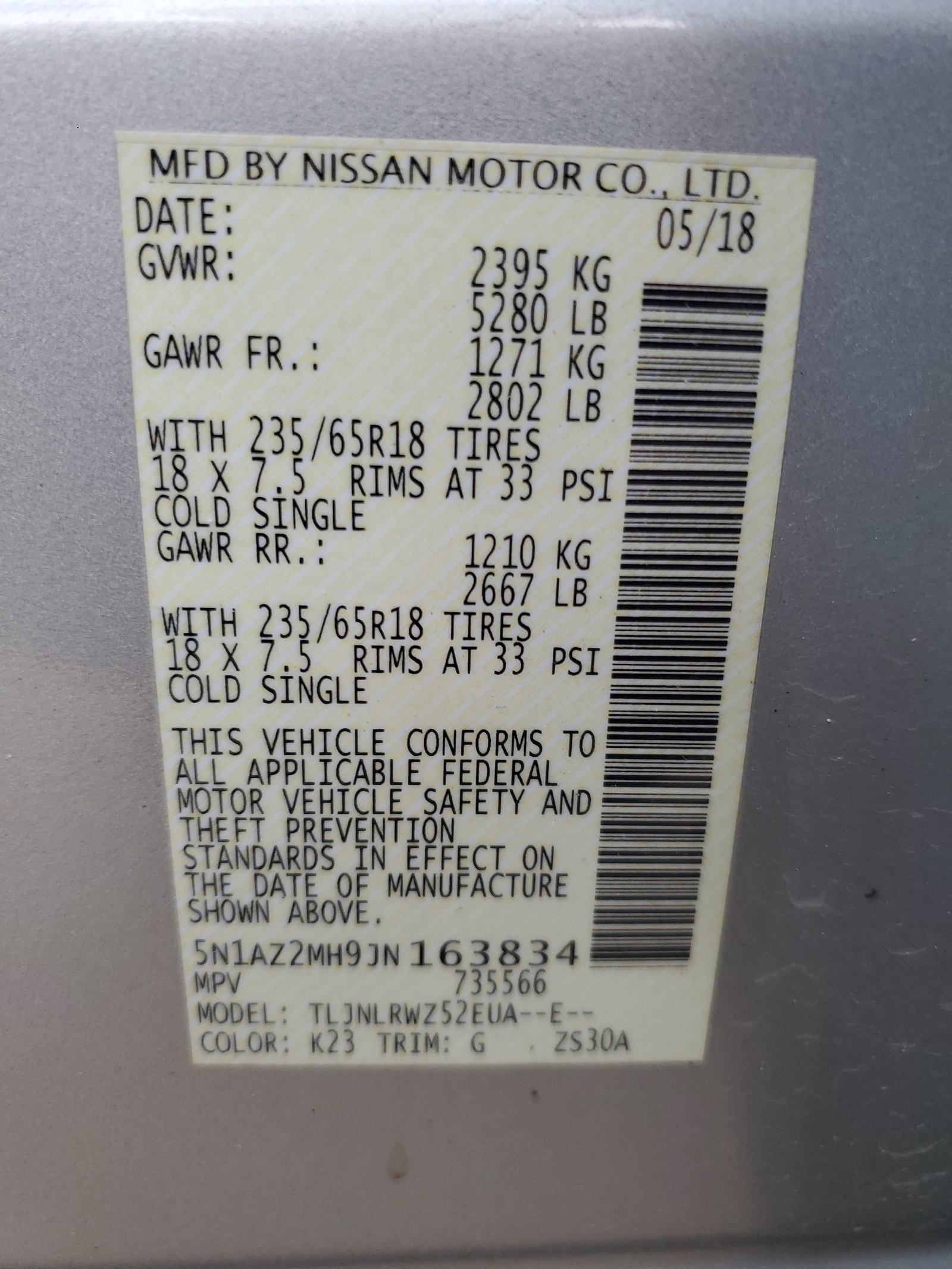 5N1AZ2MH9JN163834 2018 Nissan Murano S