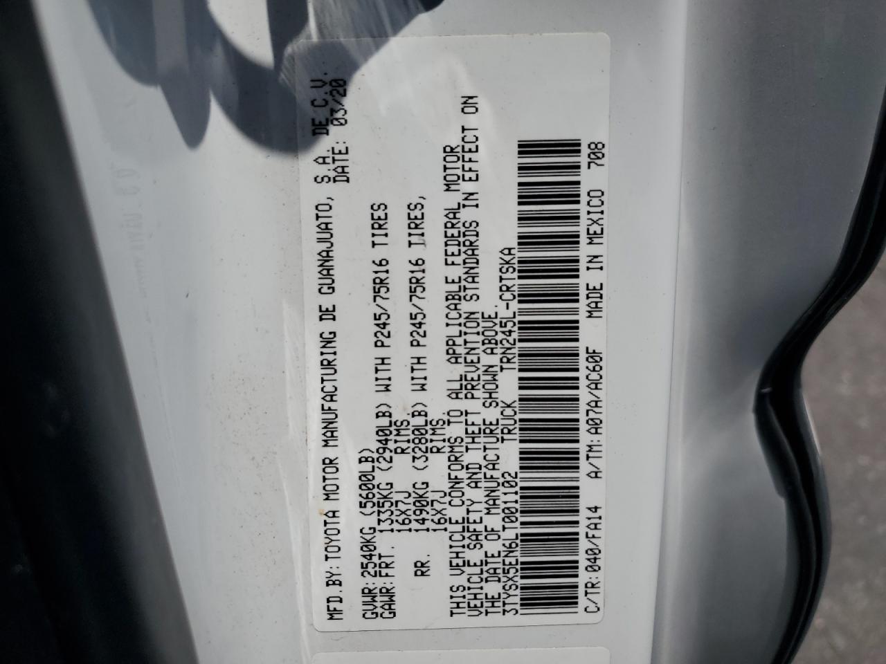 2020 Toyota Tacoma Access Cab VIN: 3TYSX5EN6LT001102 Lot: 61267154