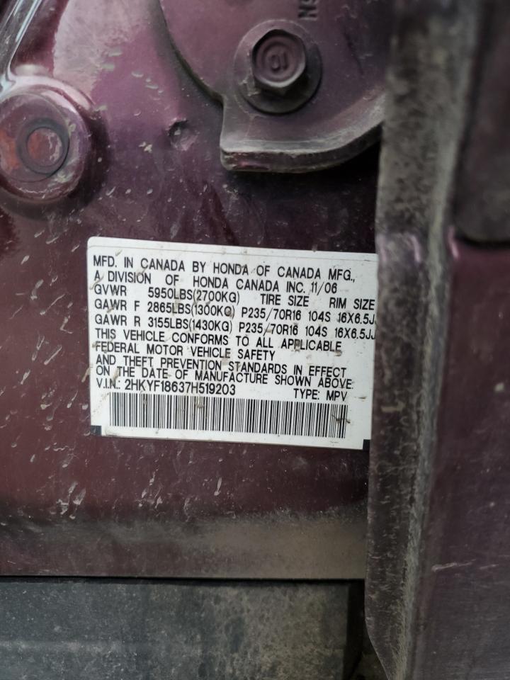 2007 Honda Pilot Exl VIN: 2HKYF18637H519203 Lot: 62642854