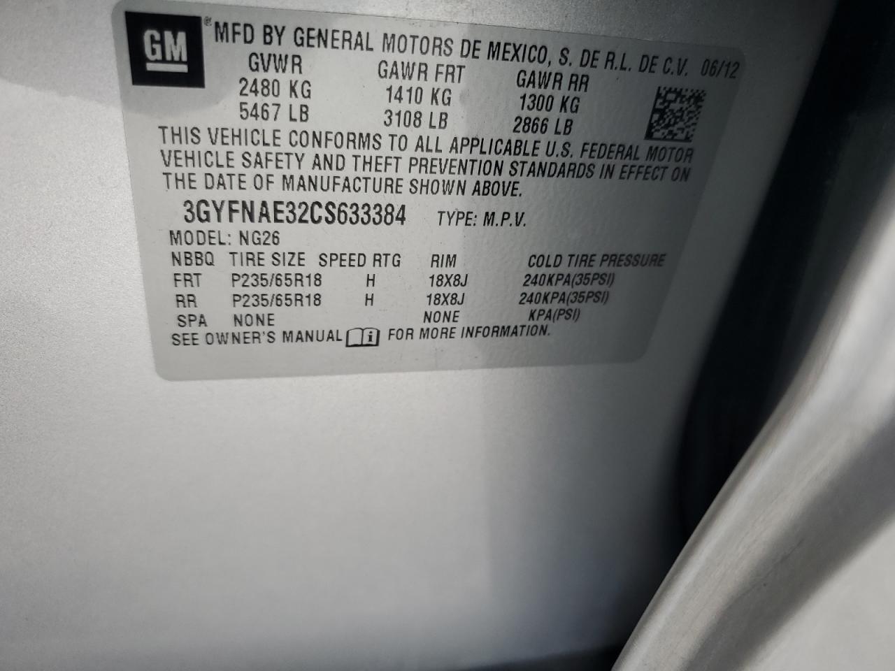 2012 Cadillac Srx Luxury Collection VIN: 3GYFNAE32CS633384 Lot: 63170154