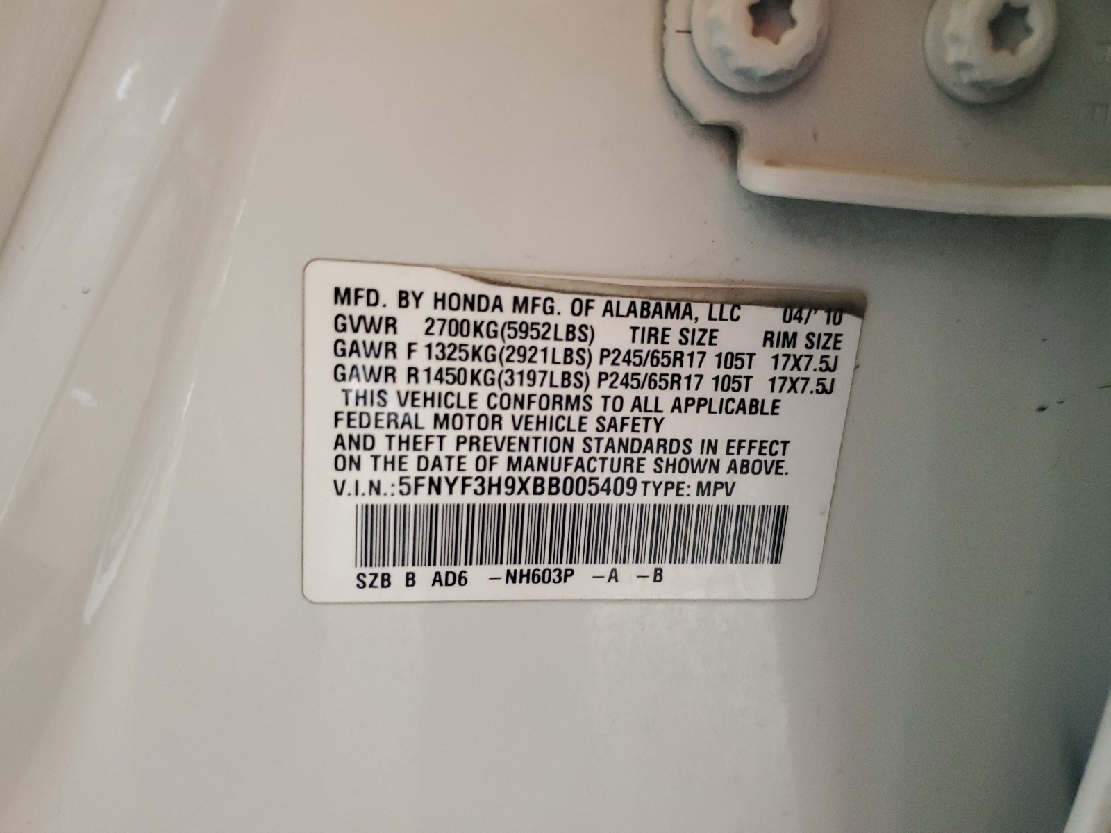 5FNYF3H9XBB005409 2011 Honda Pilot Touring