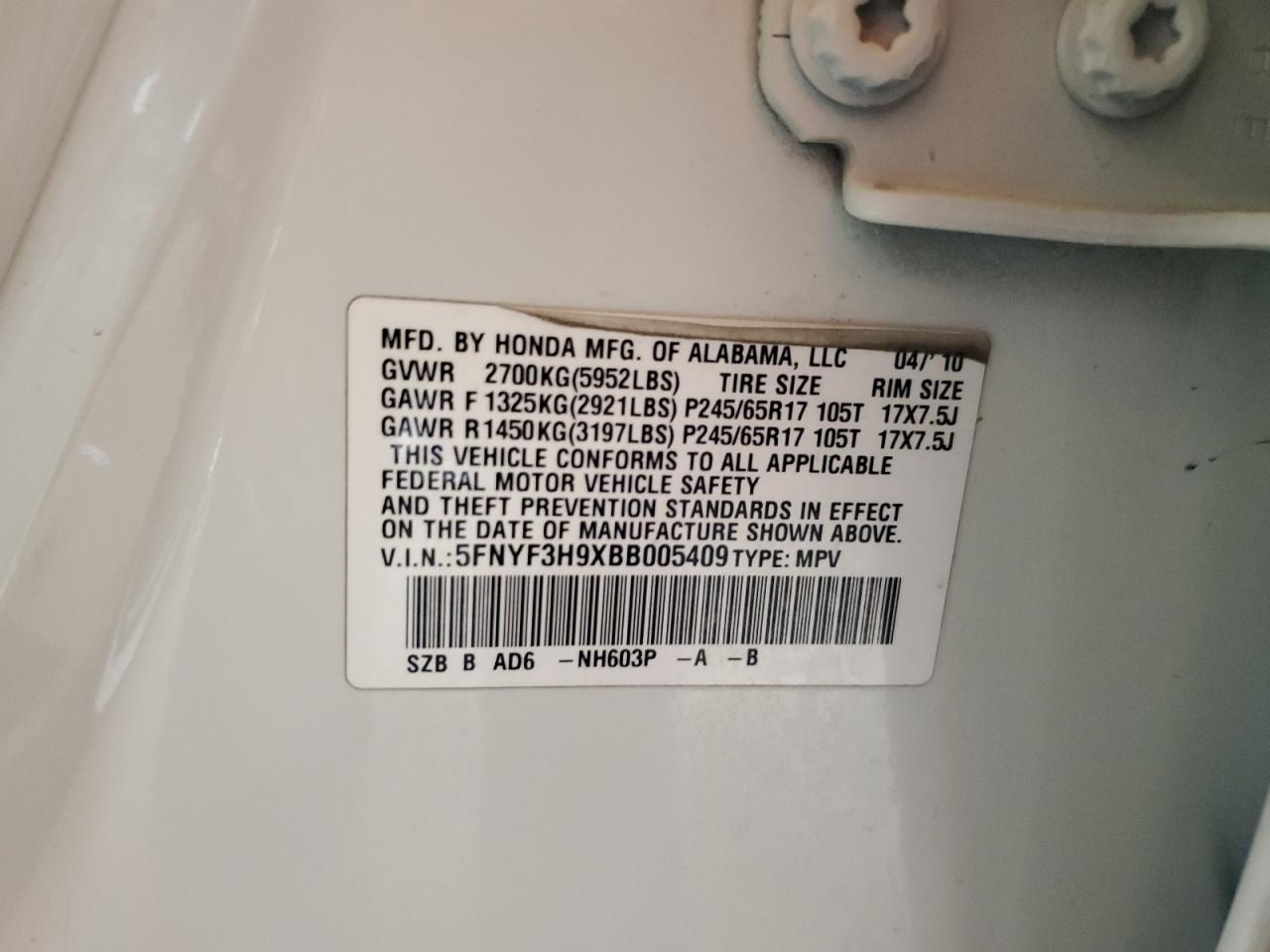 2011 Honda Pilot Touring VIN: 5FNYF3H9XBB005409 Lot: 62914644