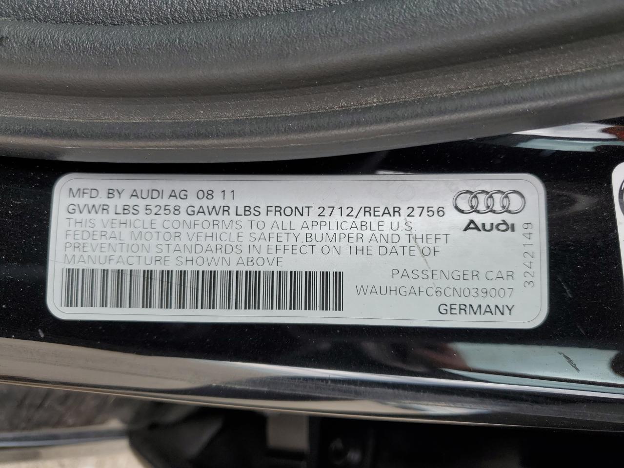 WAUHGAFC6CN039007 2012 Audi A6 Prestige