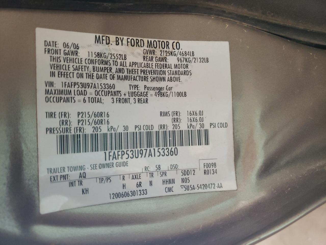 2007 Ford Taurus Se VIN: 1FAFP53U97A153360 Lot: 64985754