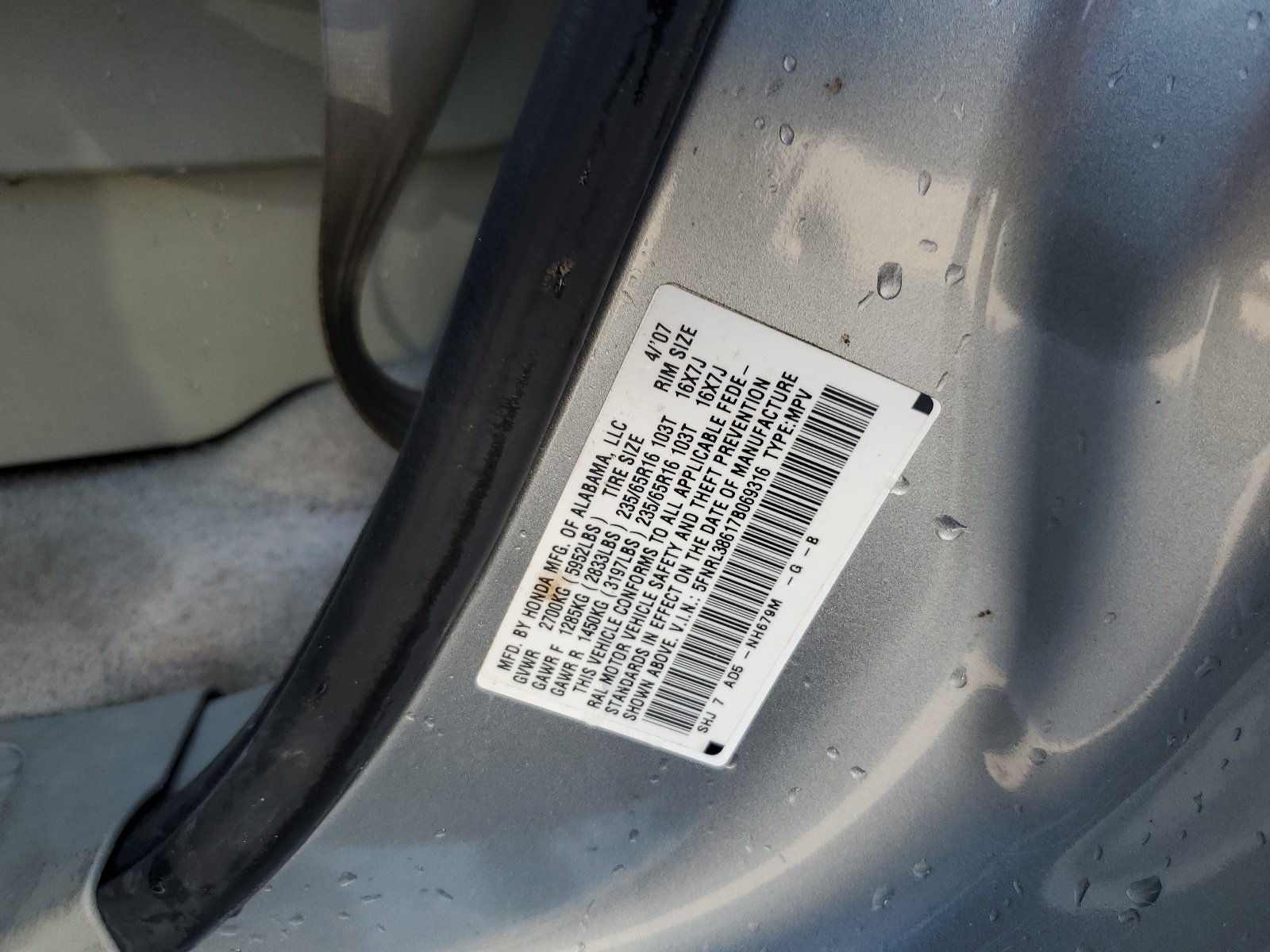 5FNRL38617B069316 2007 Honda Odyssey Exl