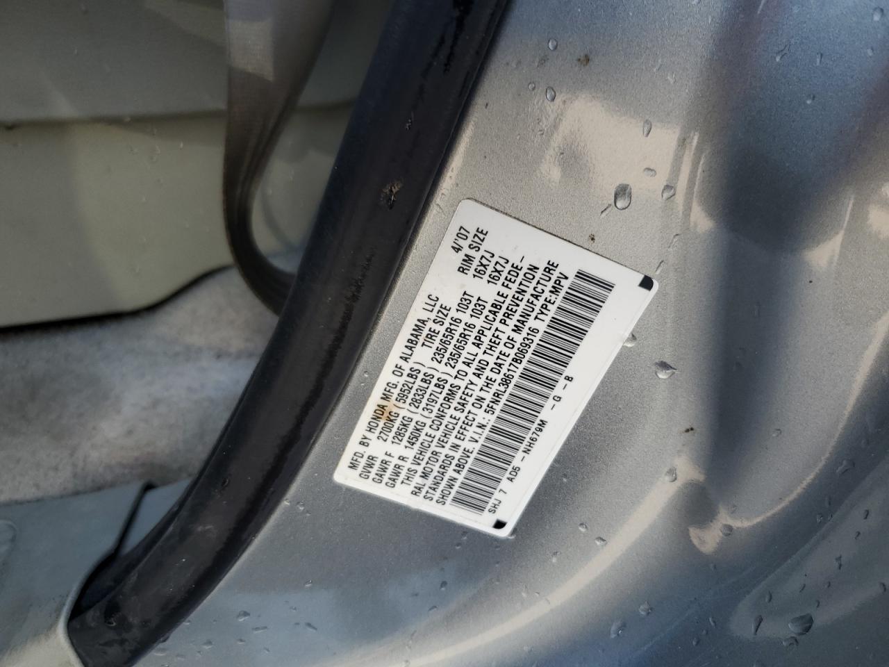 2007 Honda Odyssey Exl VIN: 5FNRL38617B069316 Lot: 64677534