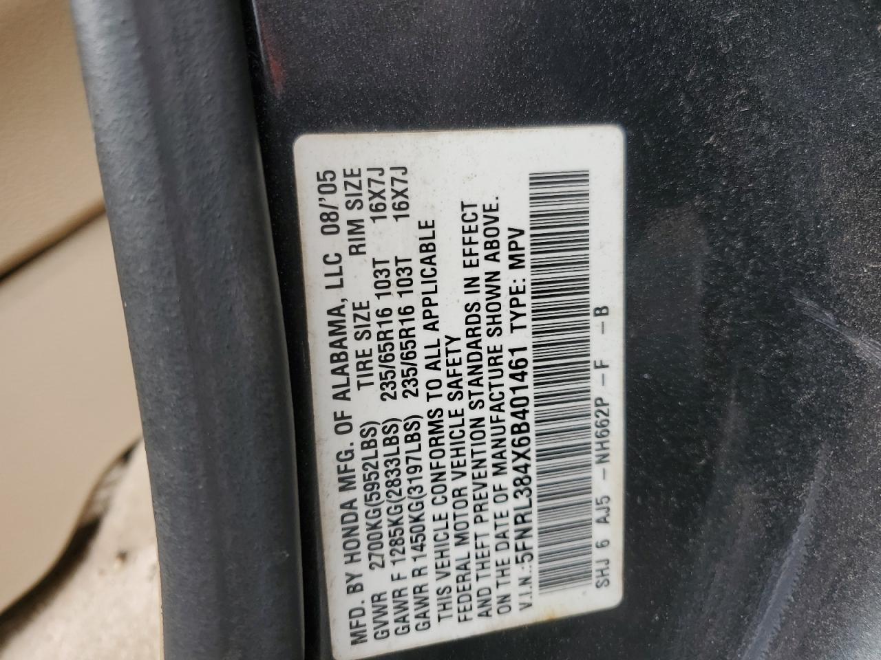 2006 Honda Odyssey Ex VIN: 5FNRL384X6B401461 Lot: 64781384