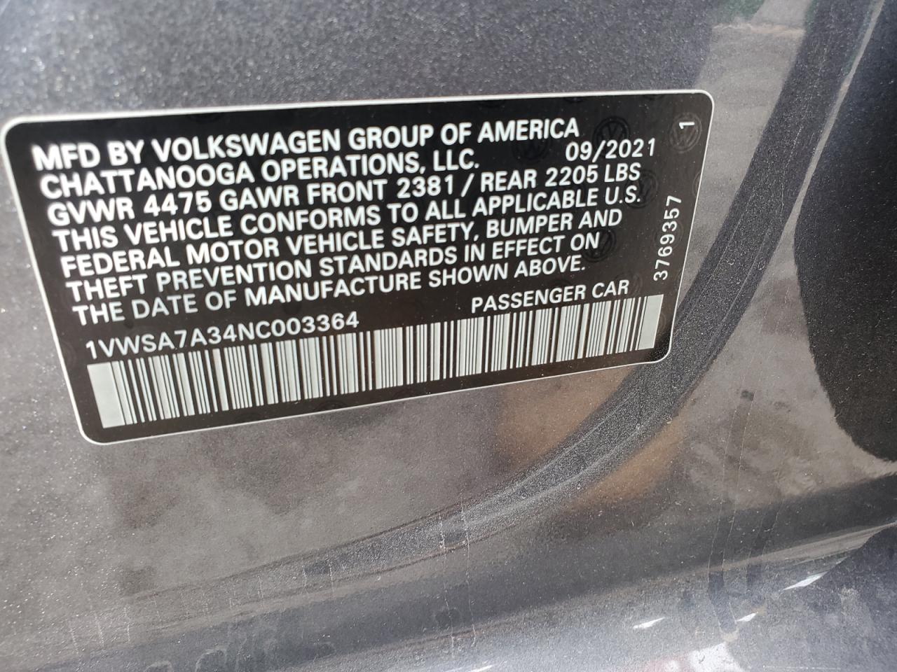 1VWSA7A34NC003364 2022 Volkswagen Passat Se