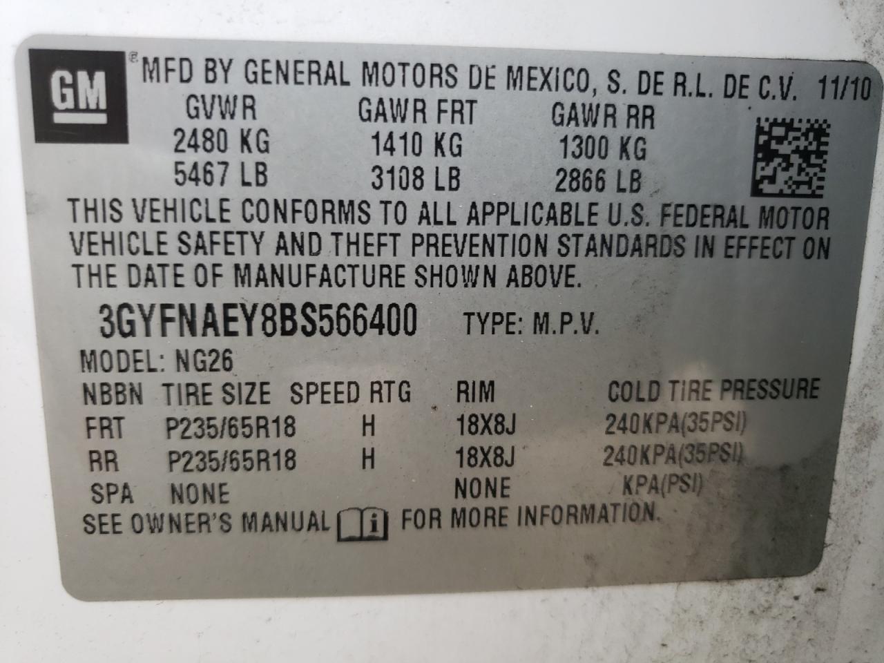 2011 Cadillac Srx Luxury Collection VIN: 3GYFNAEY8BS566400 Lot: 64693554