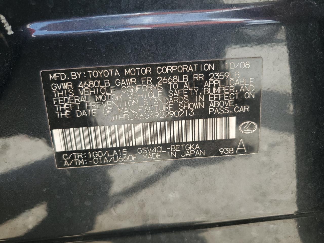 2009 Lexus Es 350 VIN: JTHBJ46G492290213 Lot: 63869184