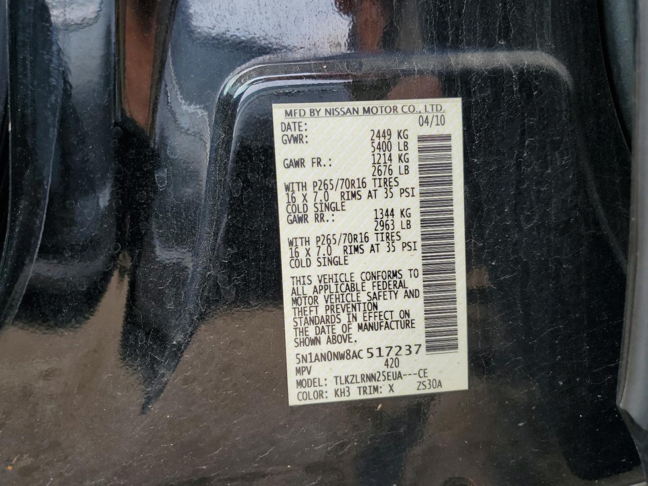 2010 Nissan Xterra Off Road VIN: 5N1AN0NW8AC517237 Lot: 61995814