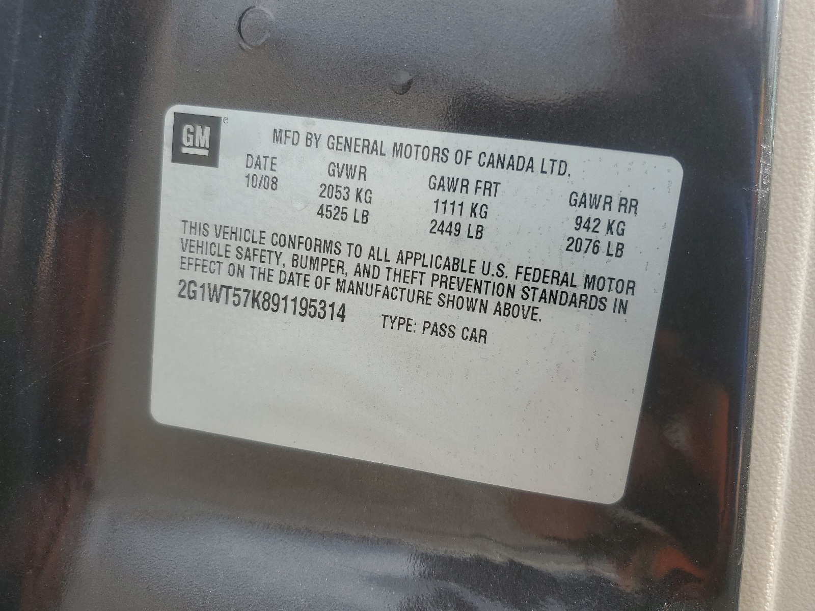 2G1WT57K891195314 2009 Chevrolet Impala 1Lt