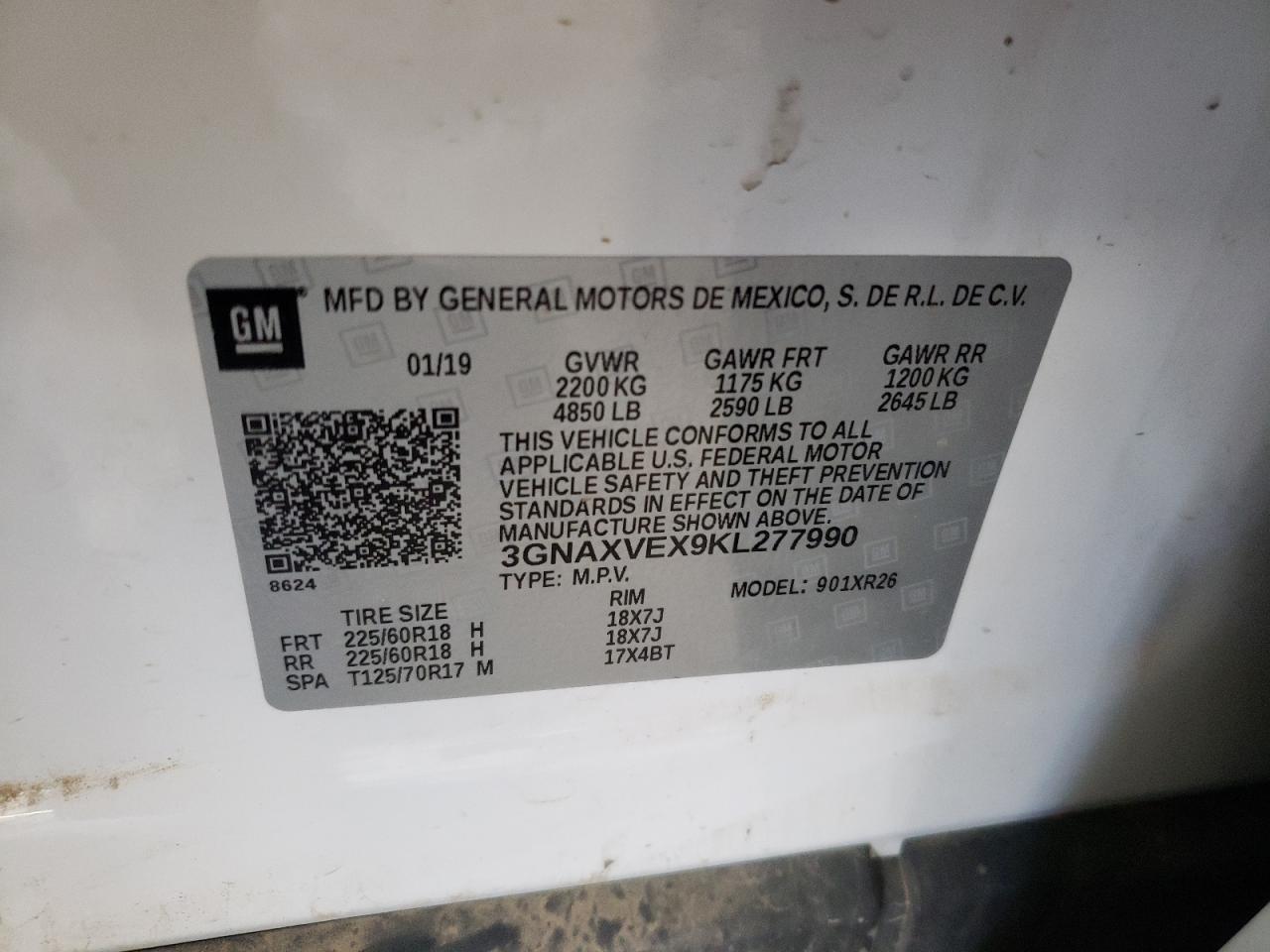 2019 Chevrolet Equinox Lt VIN: 3GNAXVEX9KL277990 Lot: 63046684