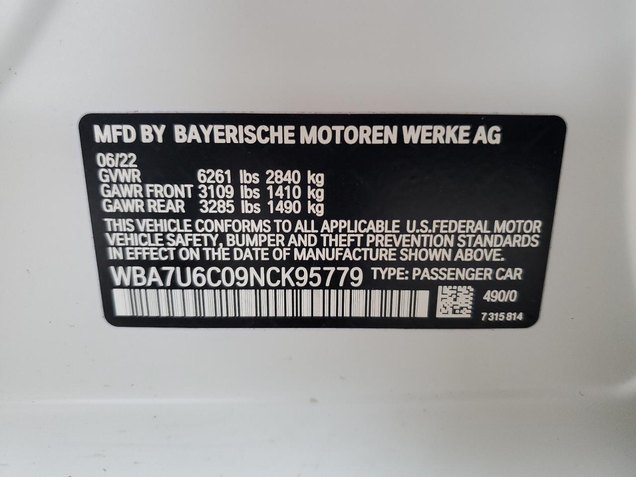 2022 BMW M760 Xi VIN: WBA7U6C09NCK95779 Lot: 61497734