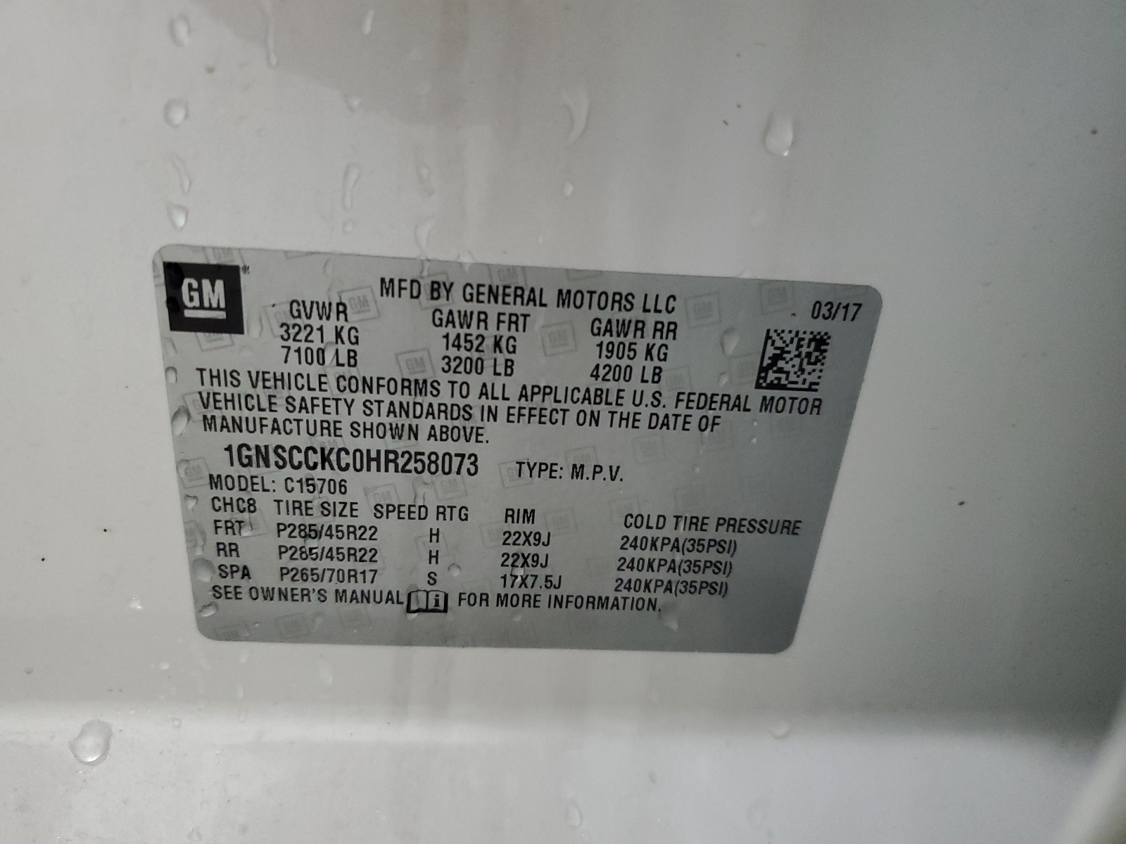 1GNSCCKC0HR258073 2017 Chevrolet Tahoe C1500 Premier