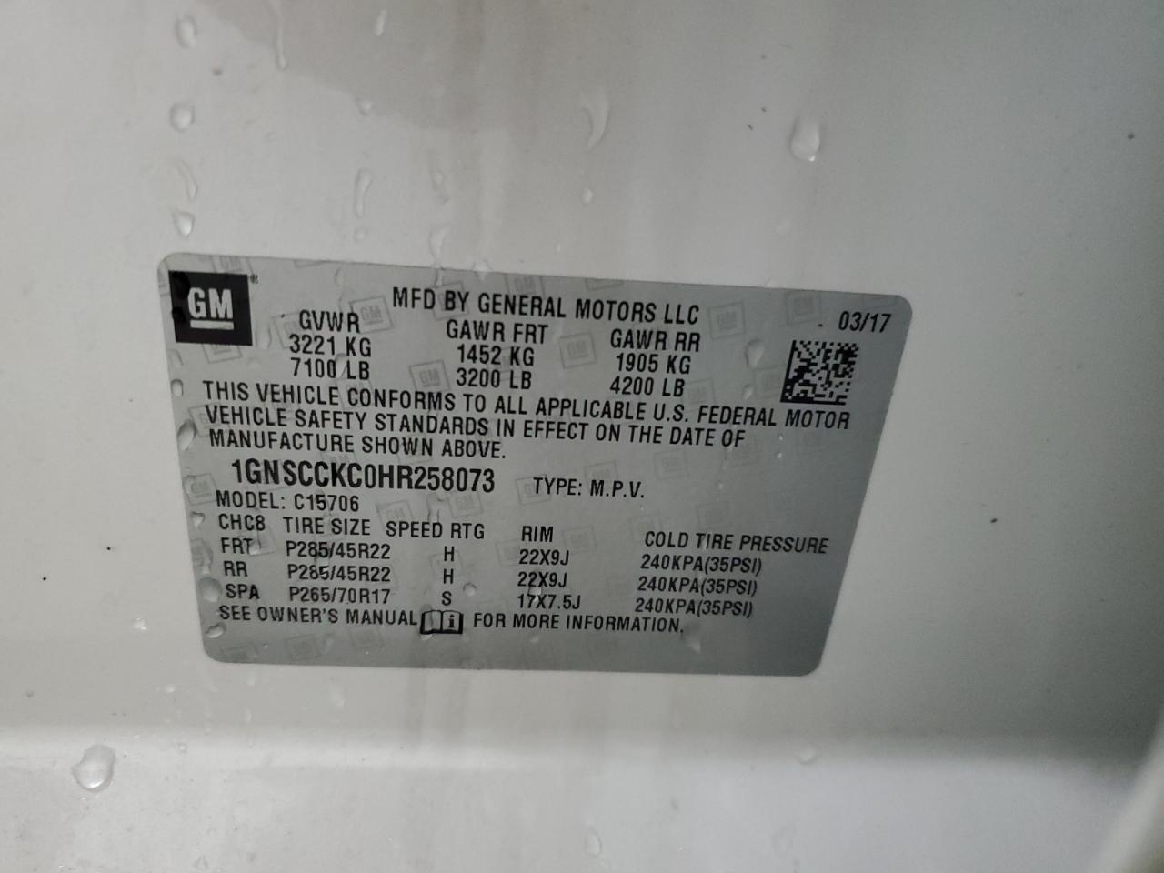 2017 Chevrolet Tahoe C1500 Premier VIN: 1GNSCCKC0HR258073 Lot: 63716894