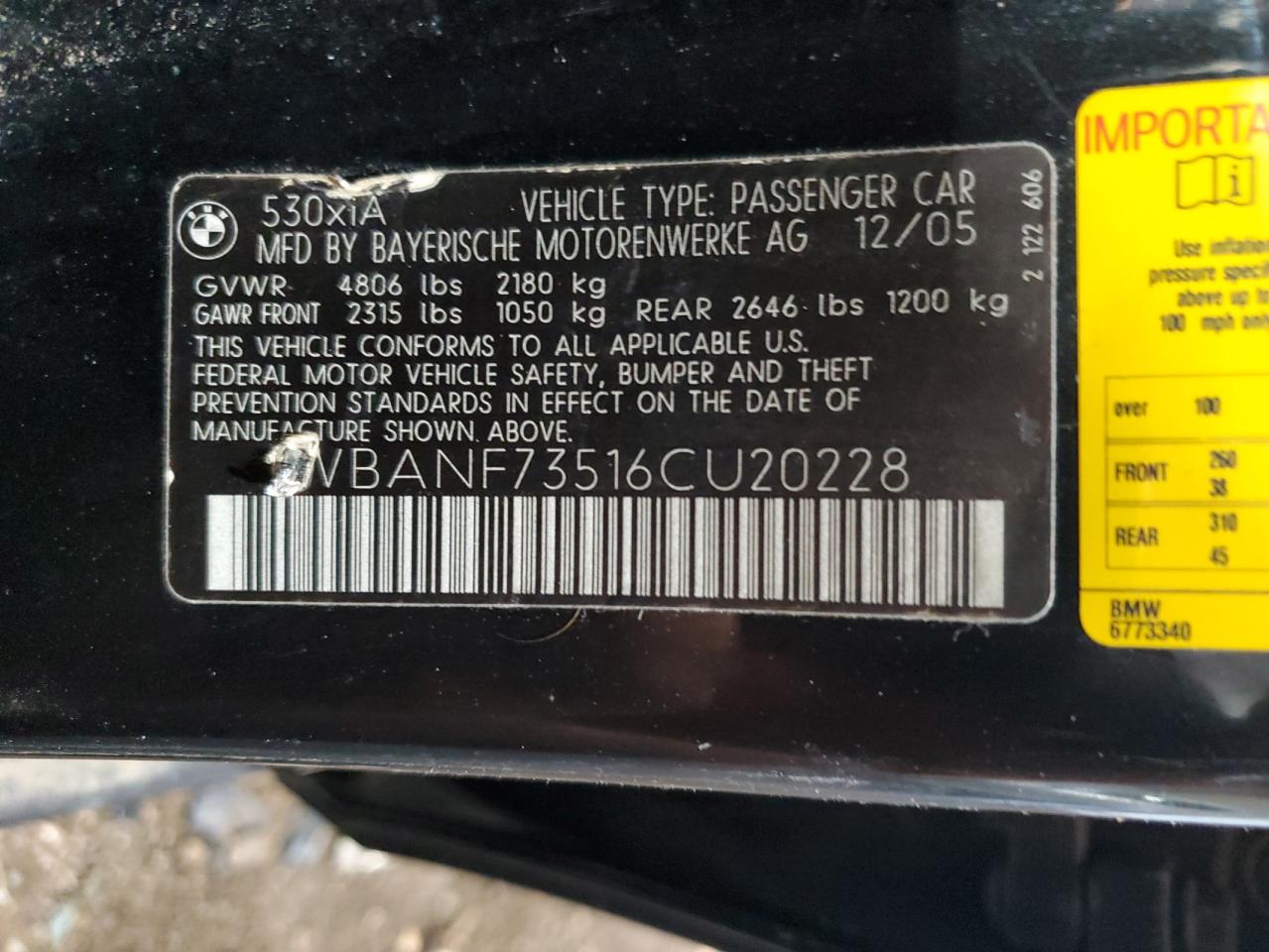 2006 BMW 530 Xi VIN: WBANF73516CU20228 Lot: 63718024