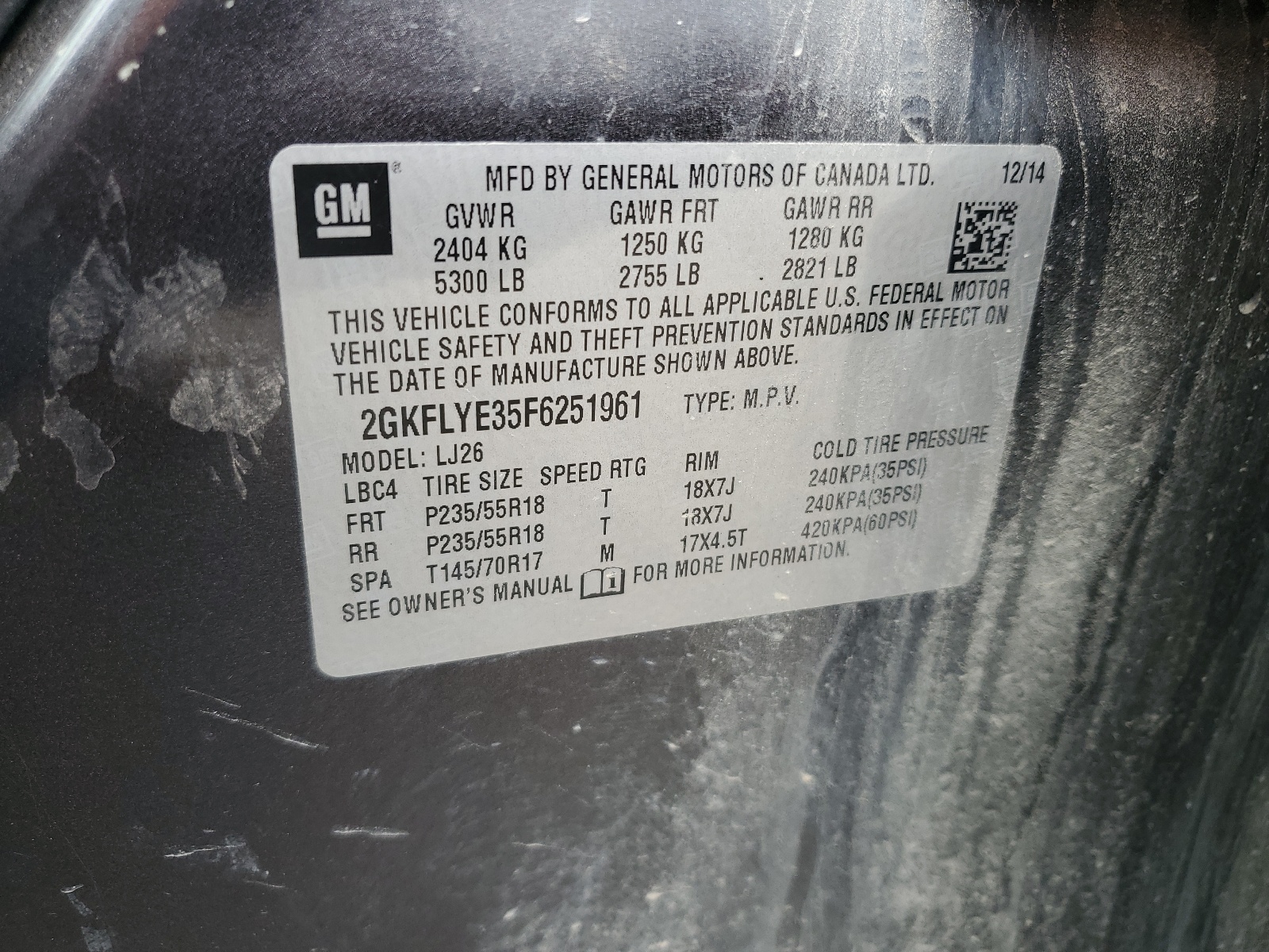 2GKFLYE35F6251961 2015 GMC Terrain Slt