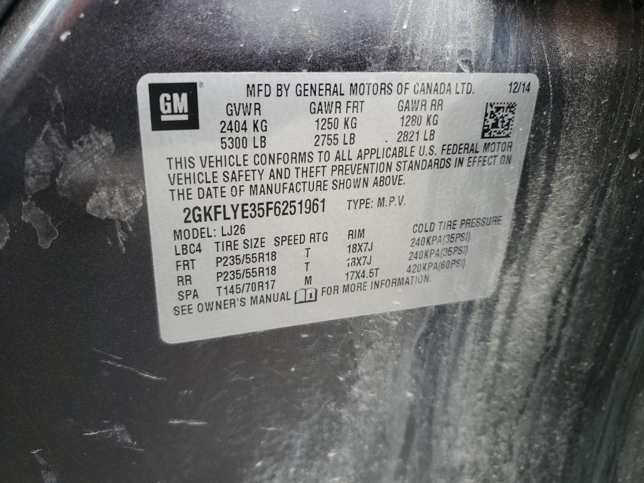 2015 GMC Terrain Slt VIN: 2GKFLYE35F6251961 Lot: 63374314