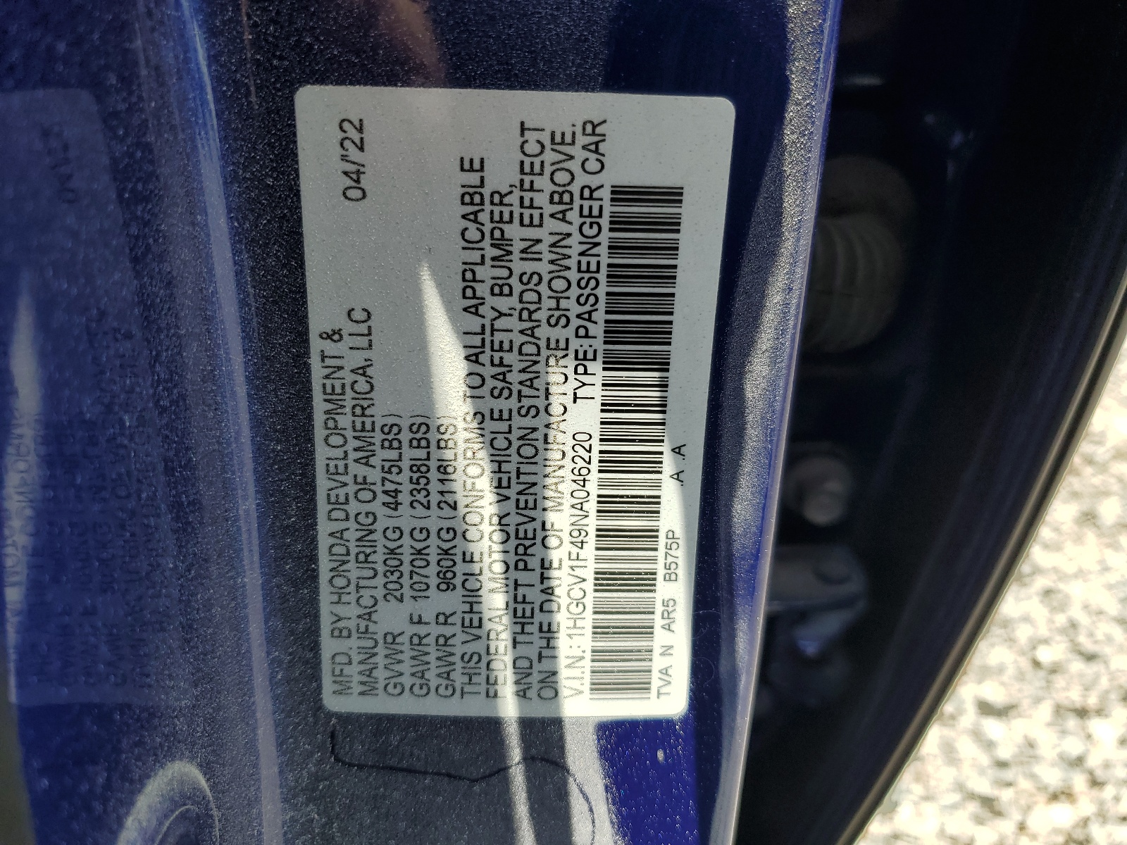 1HGCV1F49NA046220 2022 Honda Accord Sport Se
