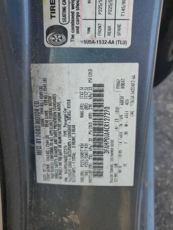 2012 Ford Fusion Sel VIN: 3FAHP0JA4CR127270 Lot: 62987434