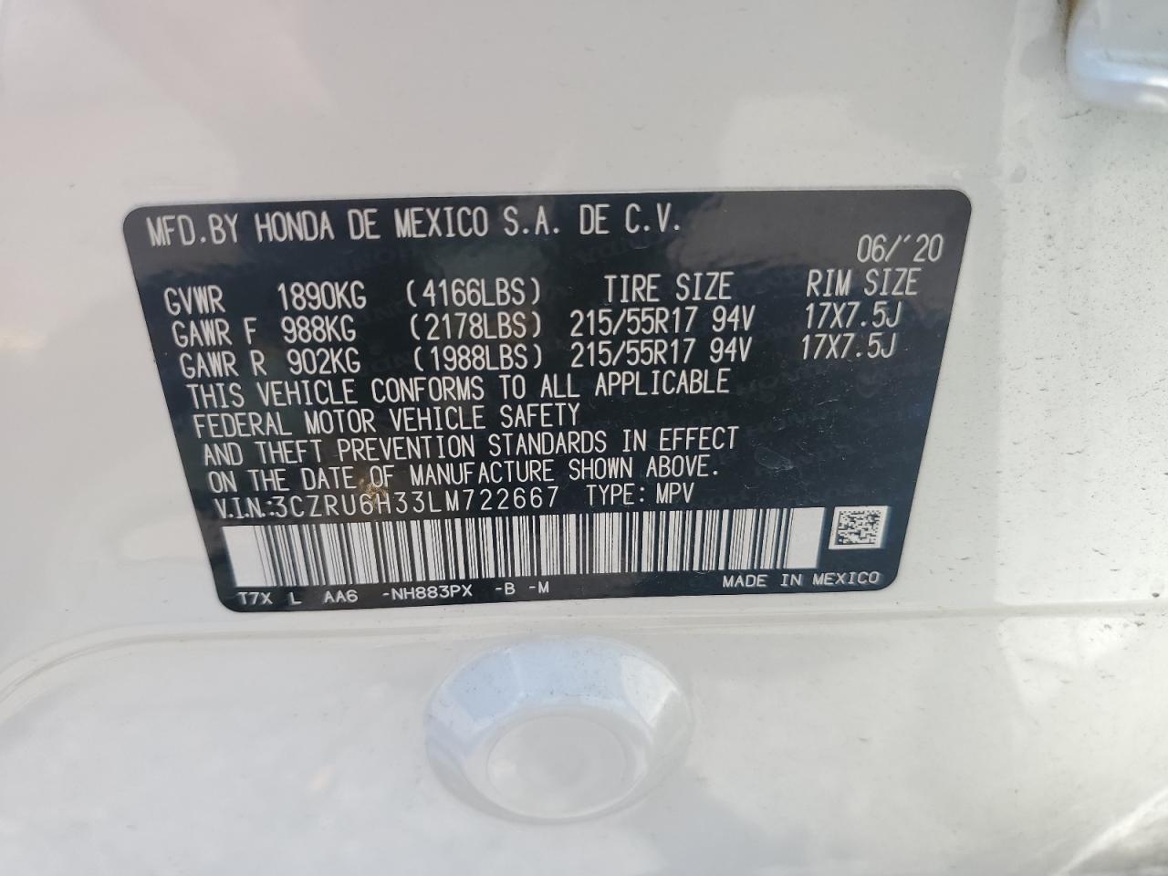 2020 Honda Hr-V Lx VIN: 3CZRU6H33LM722667 Lot: 62838894