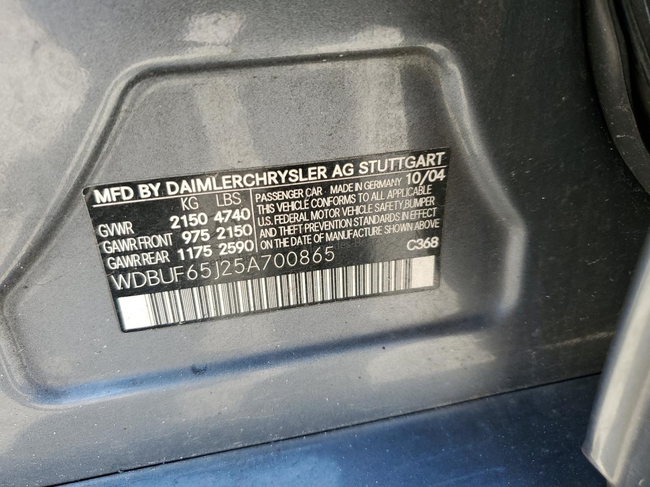 2005 Mercedes-Benz E 320 VIN: WDBUF65J25A700865 Lot: 61483634