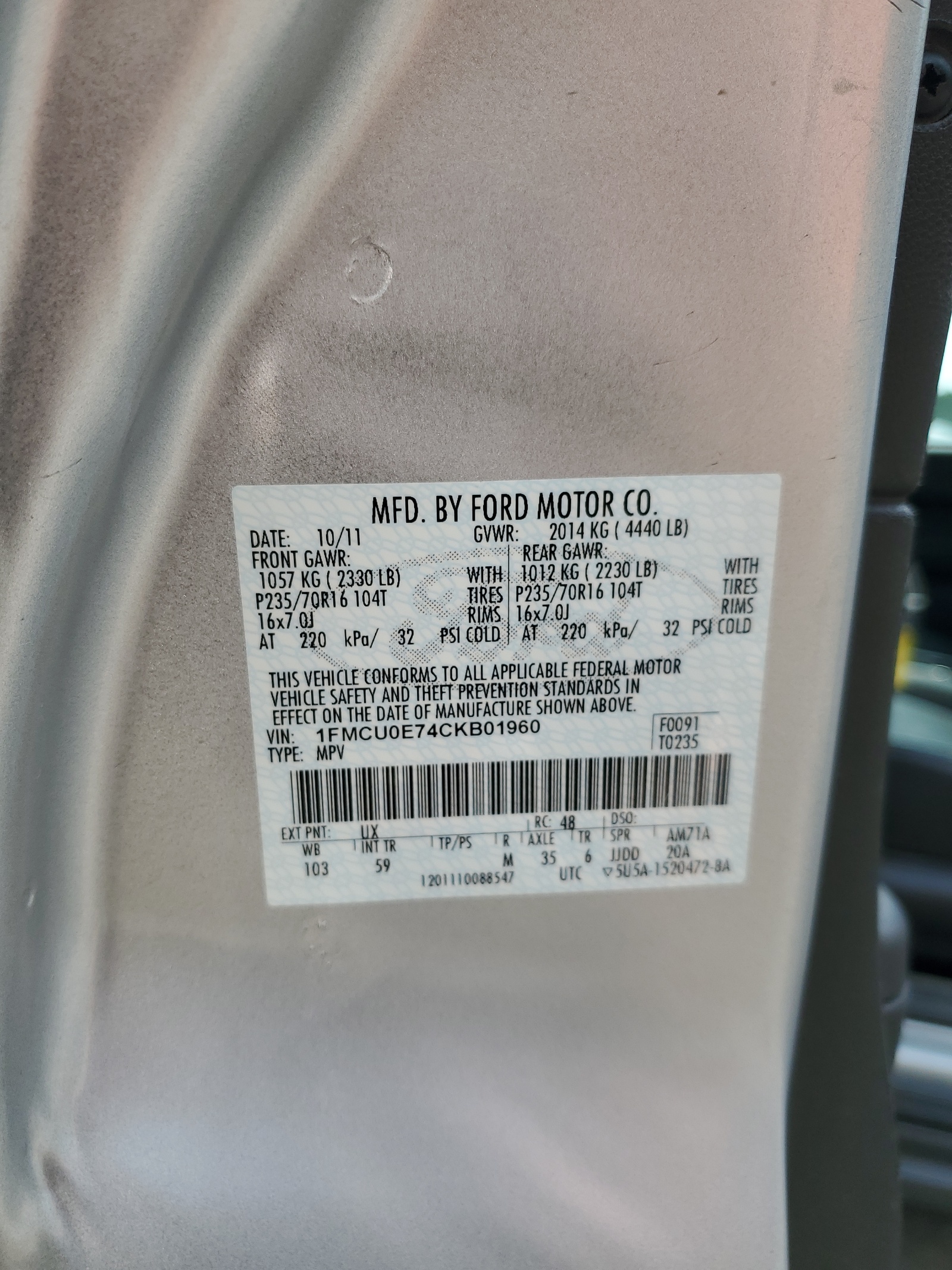 1FMCU0E74CKB01960 2012 Ford Escape Limited