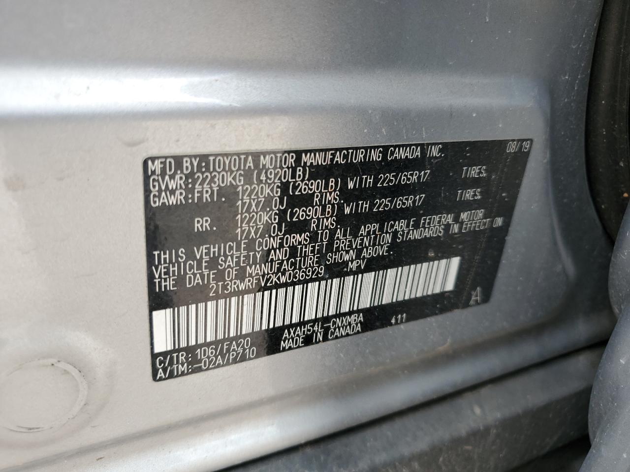 2019 Toyota Rav4 Xle VIN: 2T3RWRFV2KW036929 Lot: 63399834