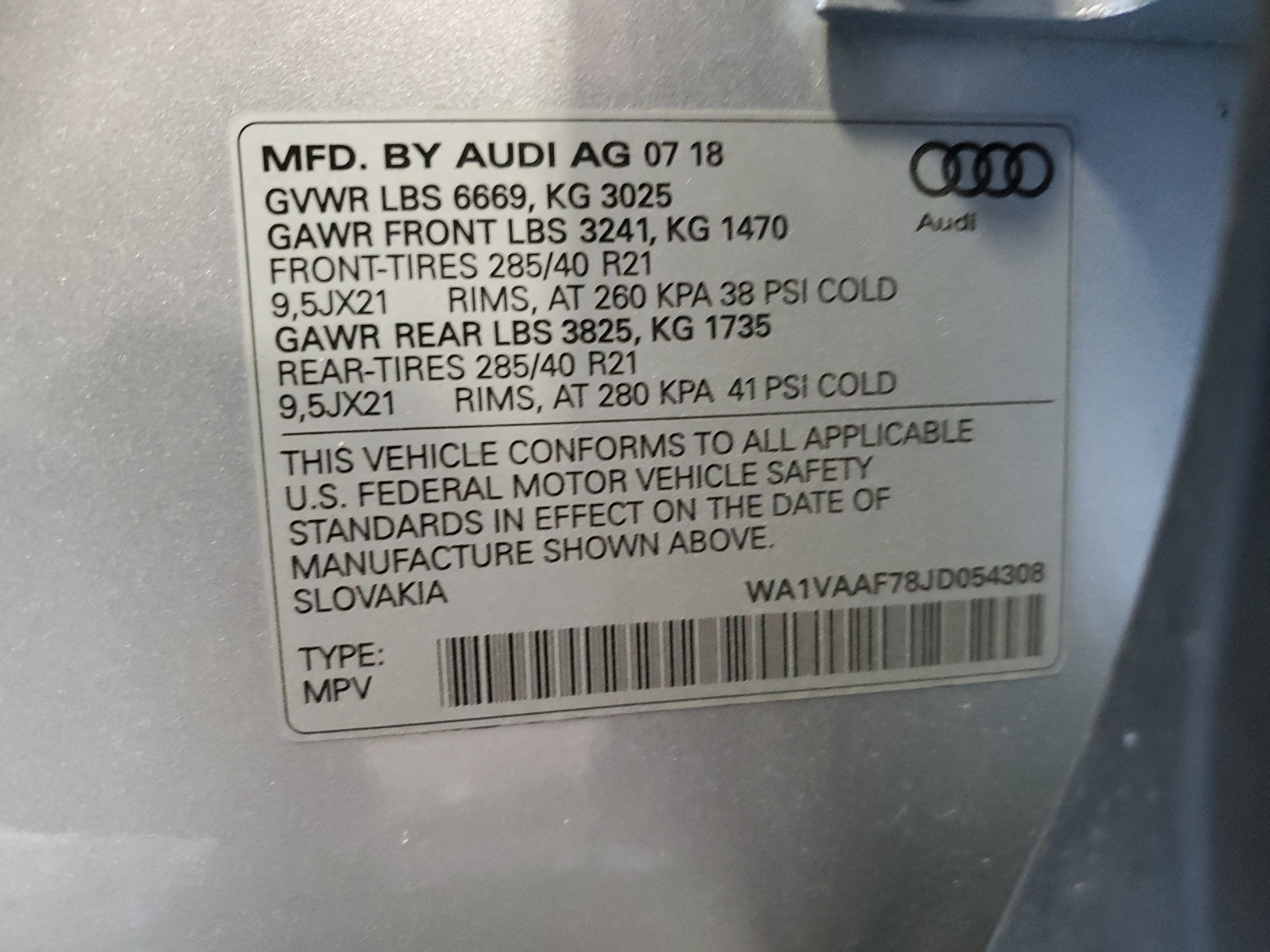 WA1VAAF78JD054308 2018 Audi Q7 Prestige