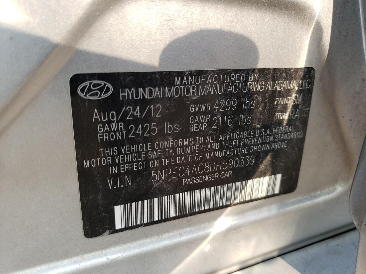 2013 Hyundai Sonata Se VIN: 5NPEC4AC8DH590339 Lot: 64221944