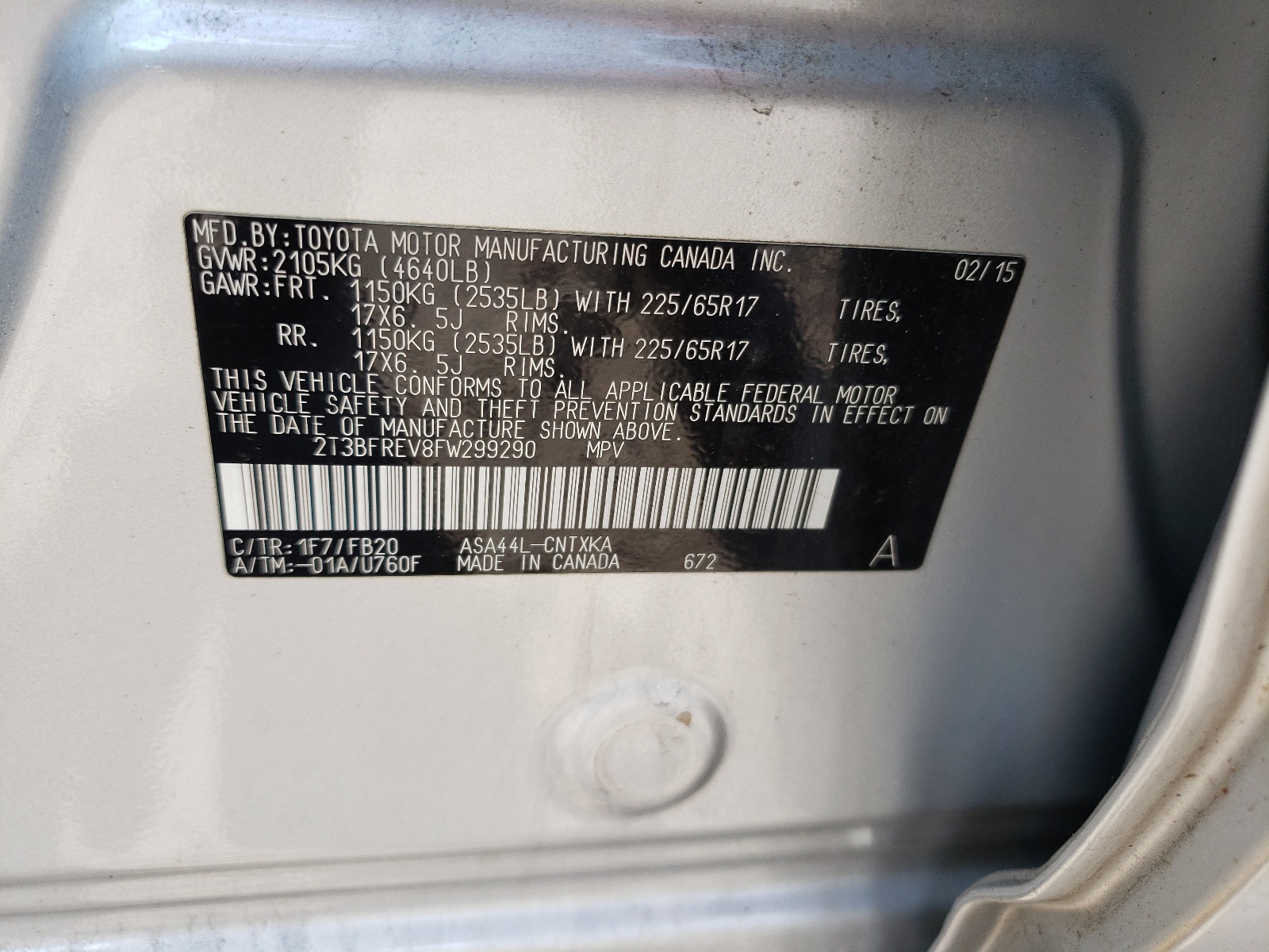 2T3BFREV8FW299290 2015 Toyota Rav4 Le