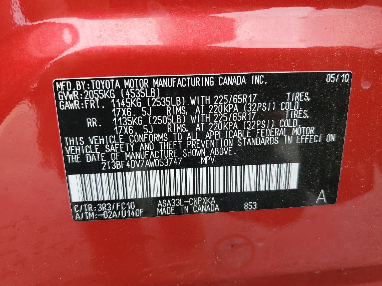 2T3BF4DV7AW053747 2010 Toyota Rav4