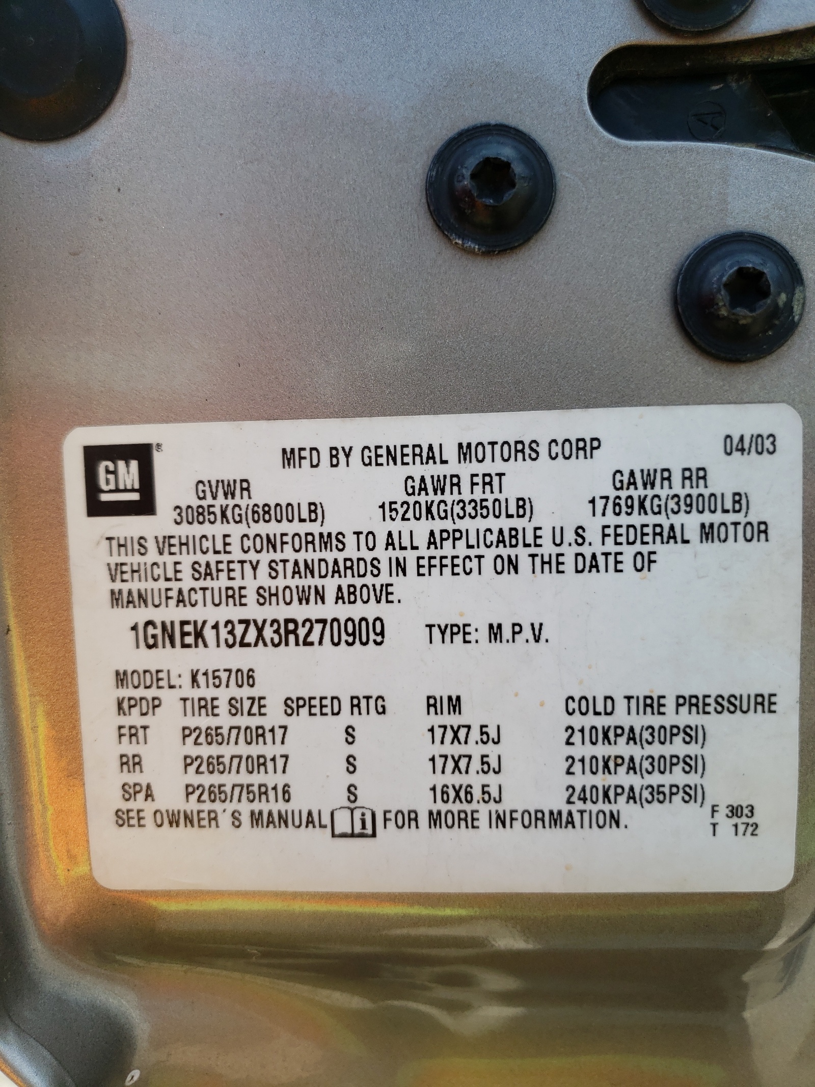 1GNEK13ZX3R270909 2003 Chevrolet Tahoe K1500