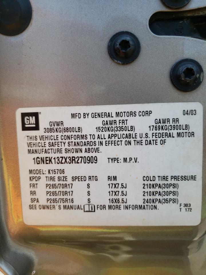 2003 Chevrolet Tahoe K1500 VIN: 1GNEK13ZX3R270909 Lot: 64626944