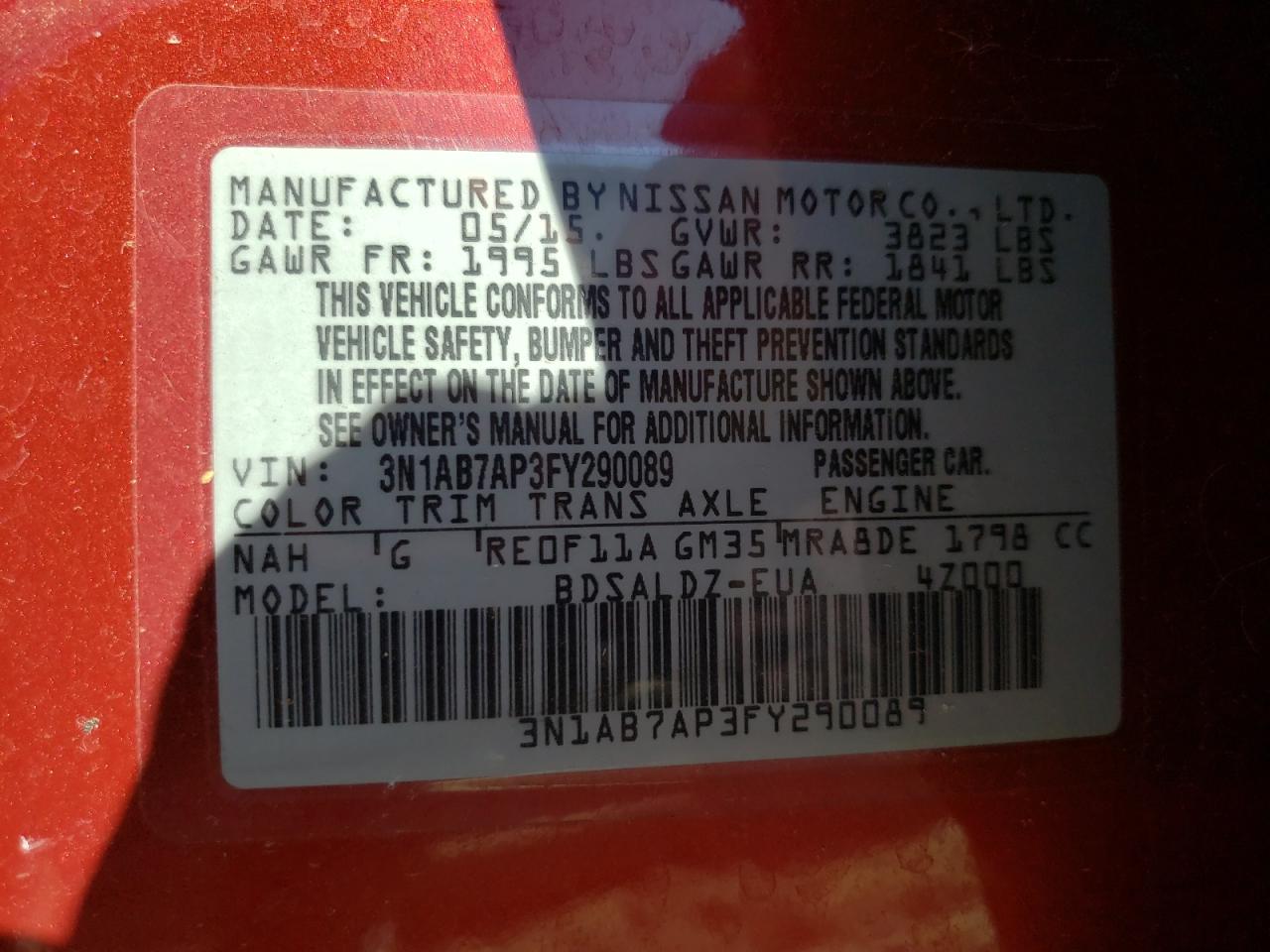3N1AB7AP3FY290089 2015 Nissan Sentra S 3N1AB7AP3FY290089 2015 Nissan Sentra S