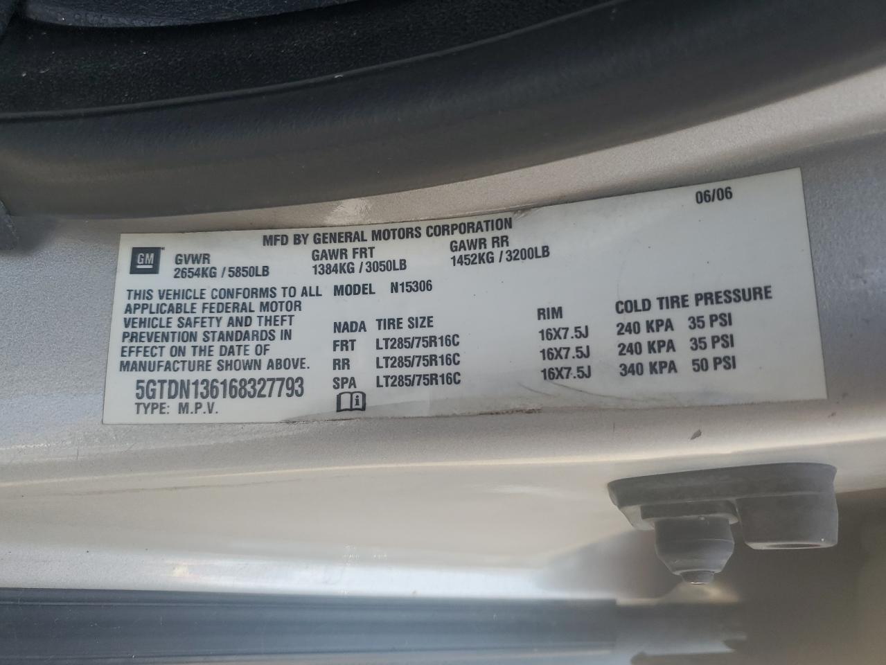 2006 Hummer H3 VIN: 5GTDN136168327793 Lot: 64746454