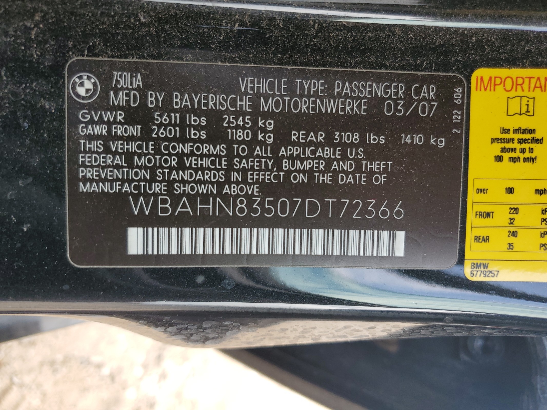 WBAHN83507DT72366 2007 BMW 750