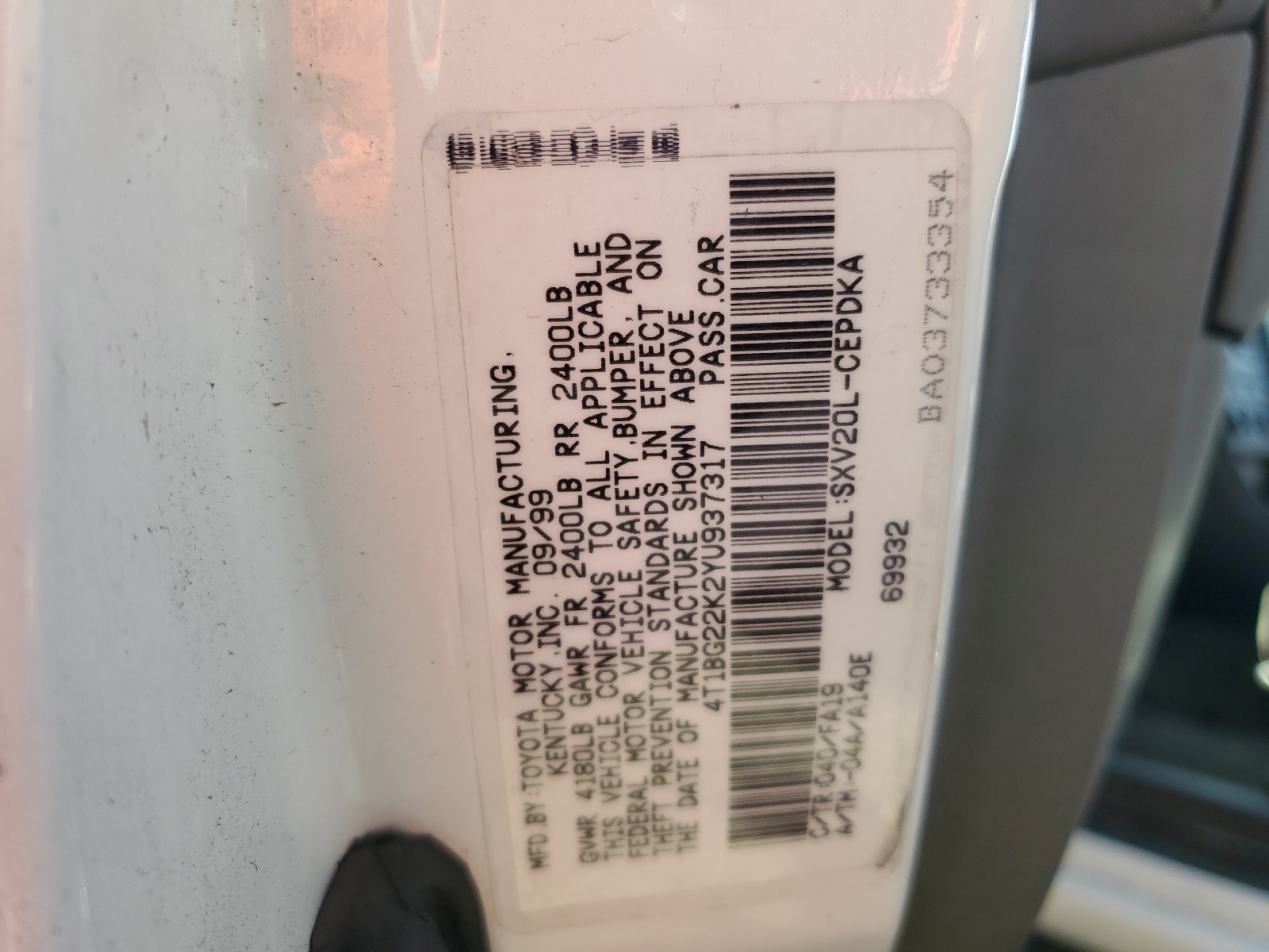 4T1BG22K2YU937317 2000 Toyota Camry Ce