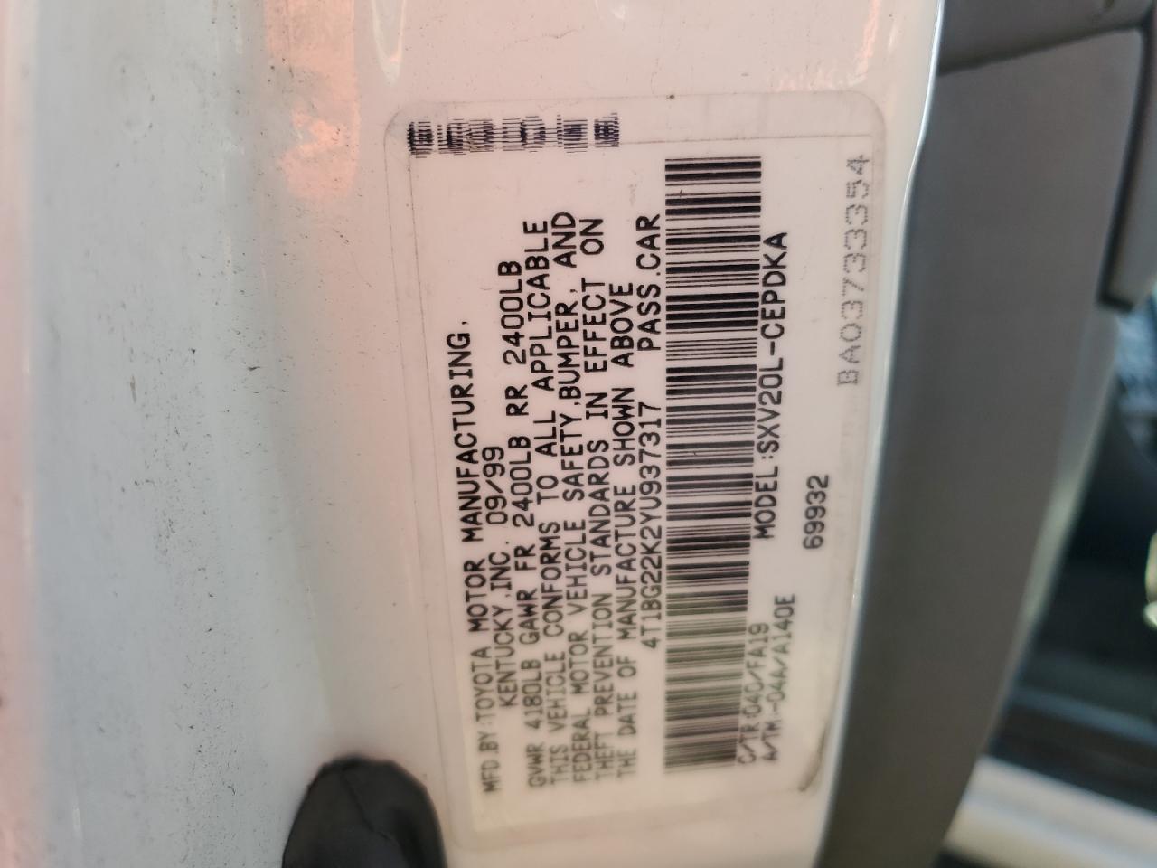 2000 Toyota Camry Ce VIN: 4T1BG22K2YU937317 Lot: 65199104