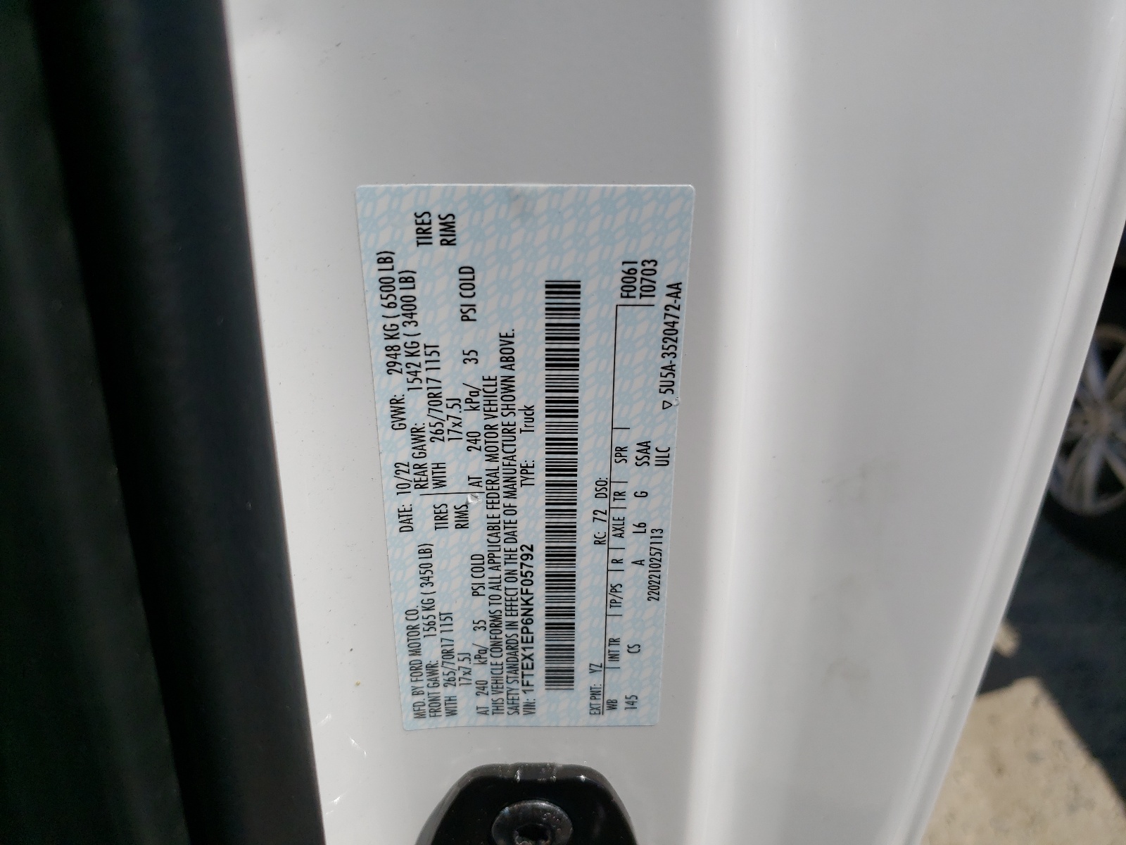 1FTEX1EP6NKF05792 2022 Ford F150 Super Cab