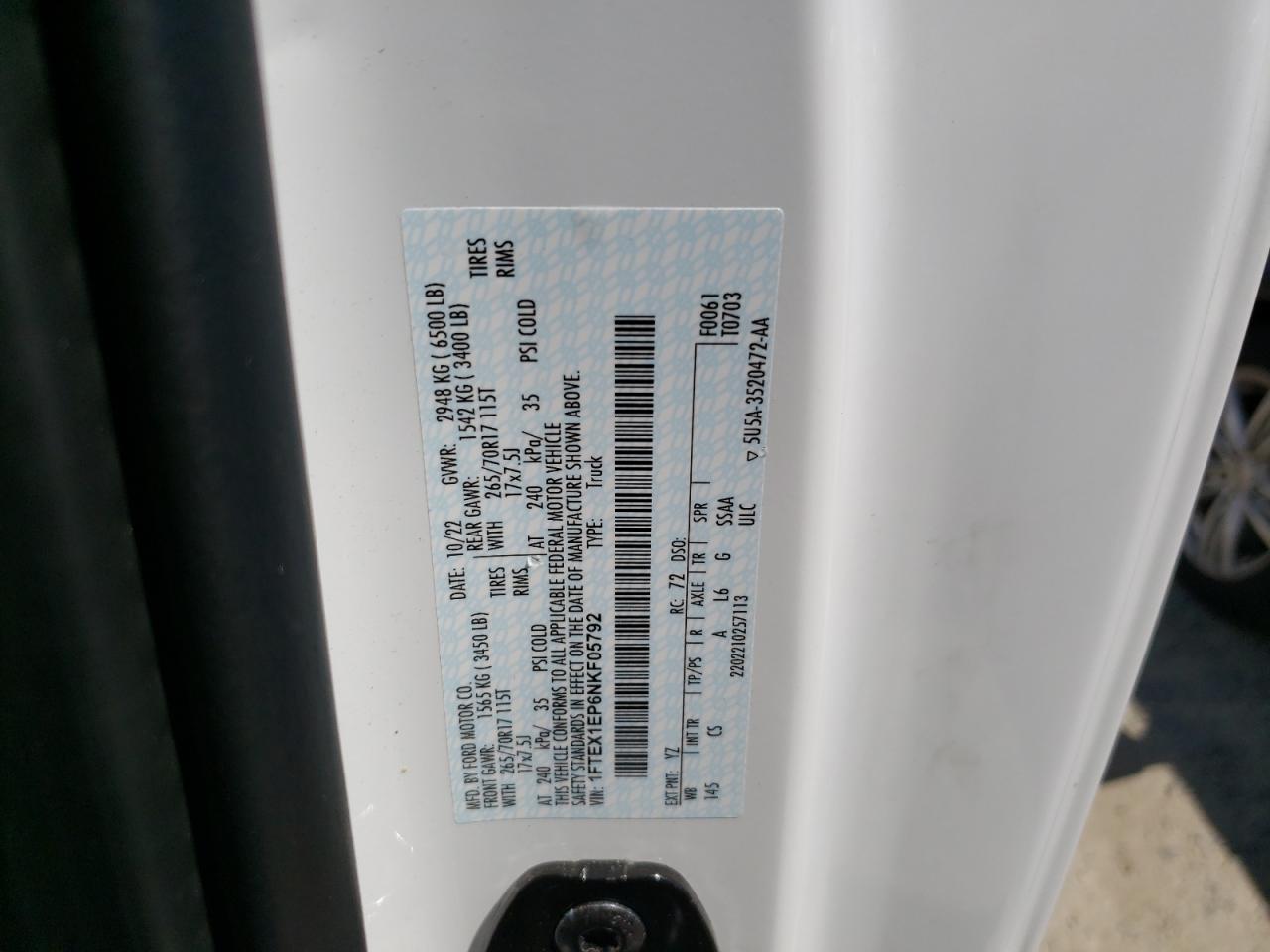 2022 Ford F150 Super Cab VIN: 1FTEX1EP6NKF05792 Lot: 63674614