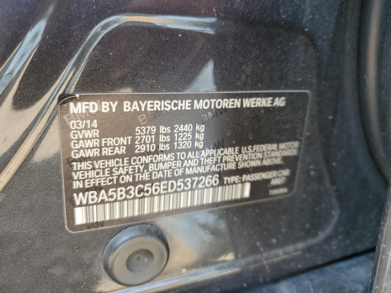 2014 BMW 535 Xi VIN: WBA5B3C56ED537266 Lot: 62588124