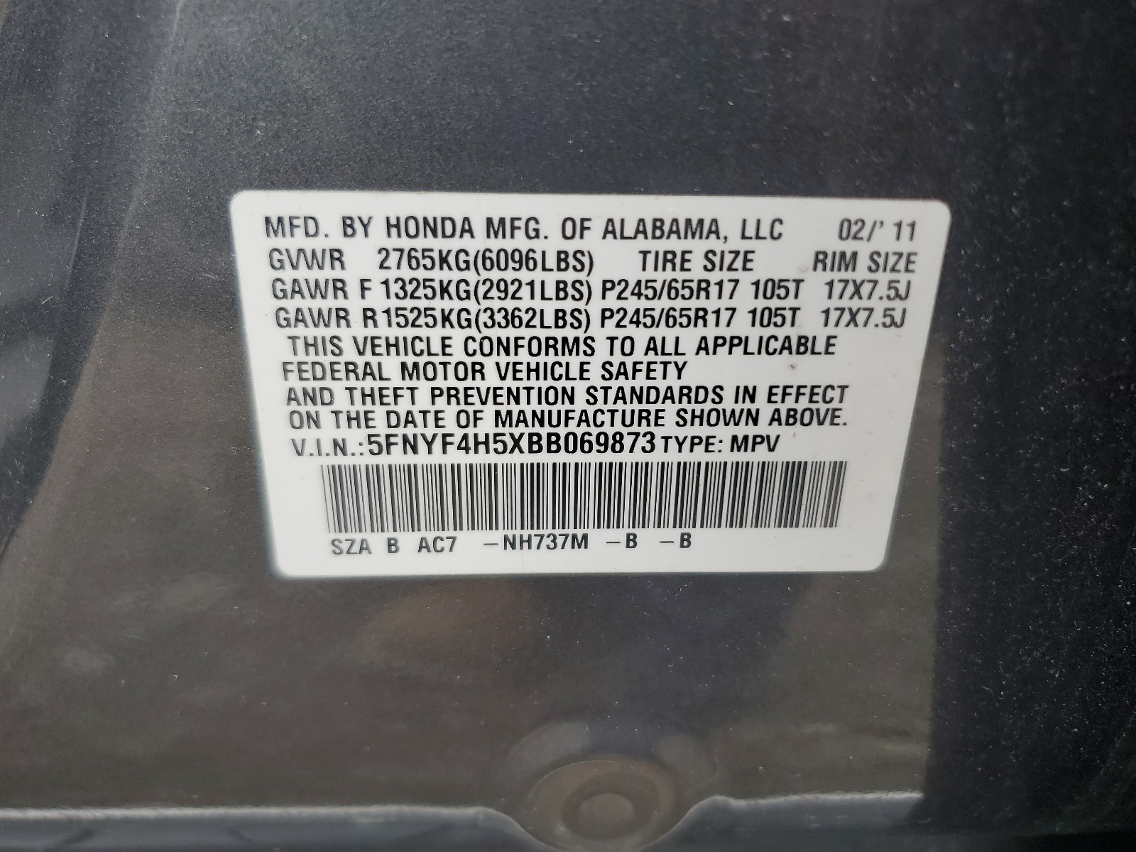 5FNYF4H5XBB069873 2011 Honda Pilot Exl