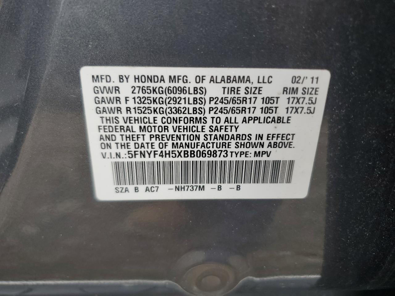 2011 Honda Pilot Exl VIN: 5FNYF4H5XBB069873 Lot: 64706454