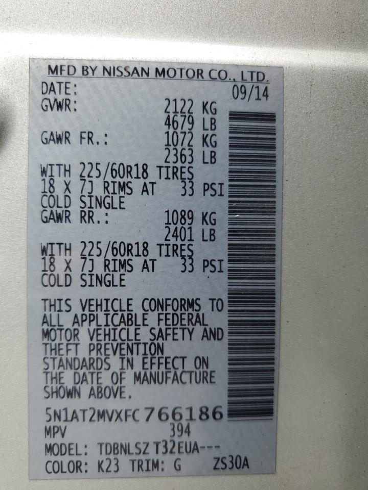 2015 Nissan Rogue S VIN: 5N1AT2MVXFC766186 Lot: 63684474