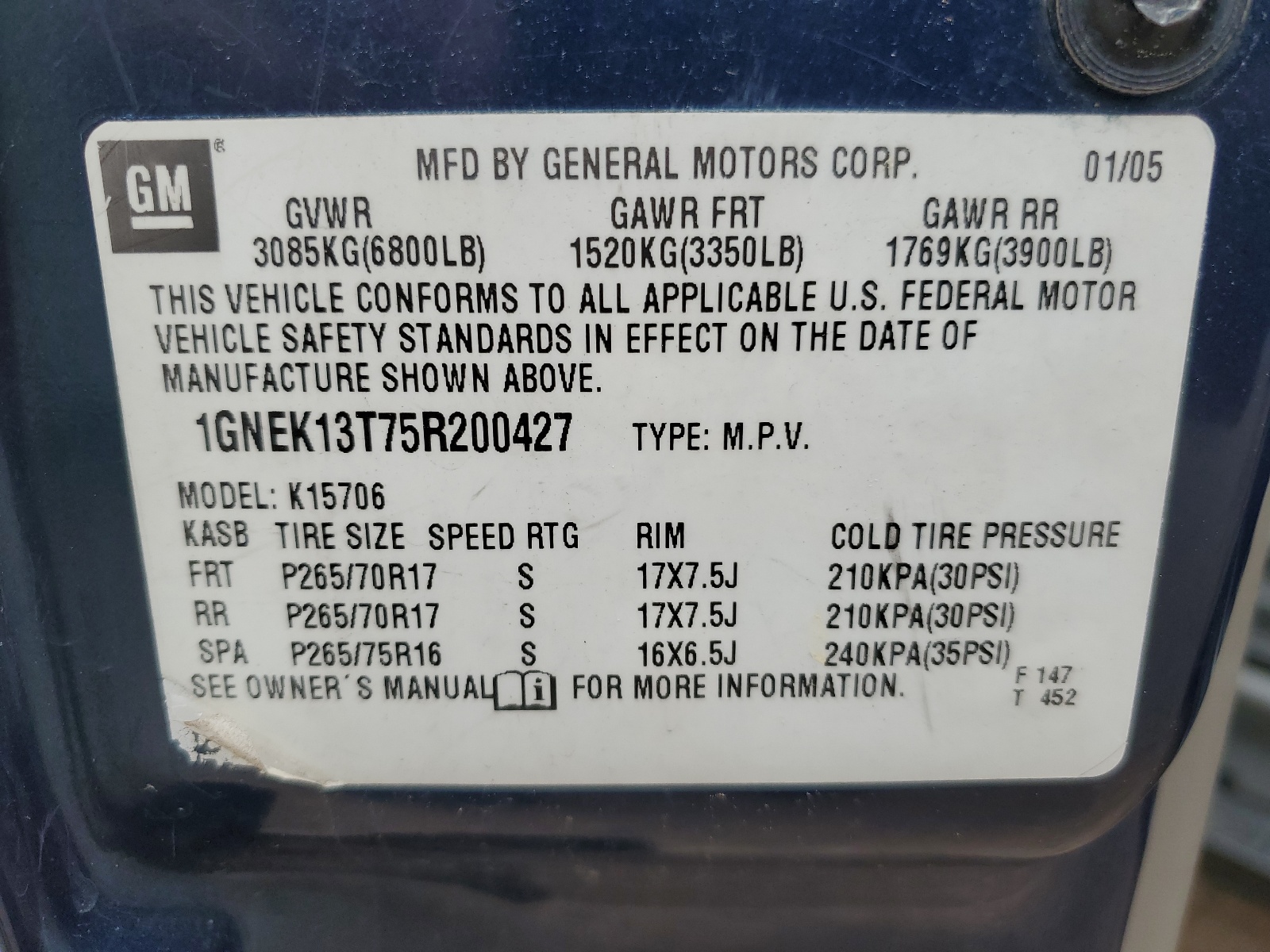 1GNEK13T75R200427 2005 Chevrolet Tahoe K1500